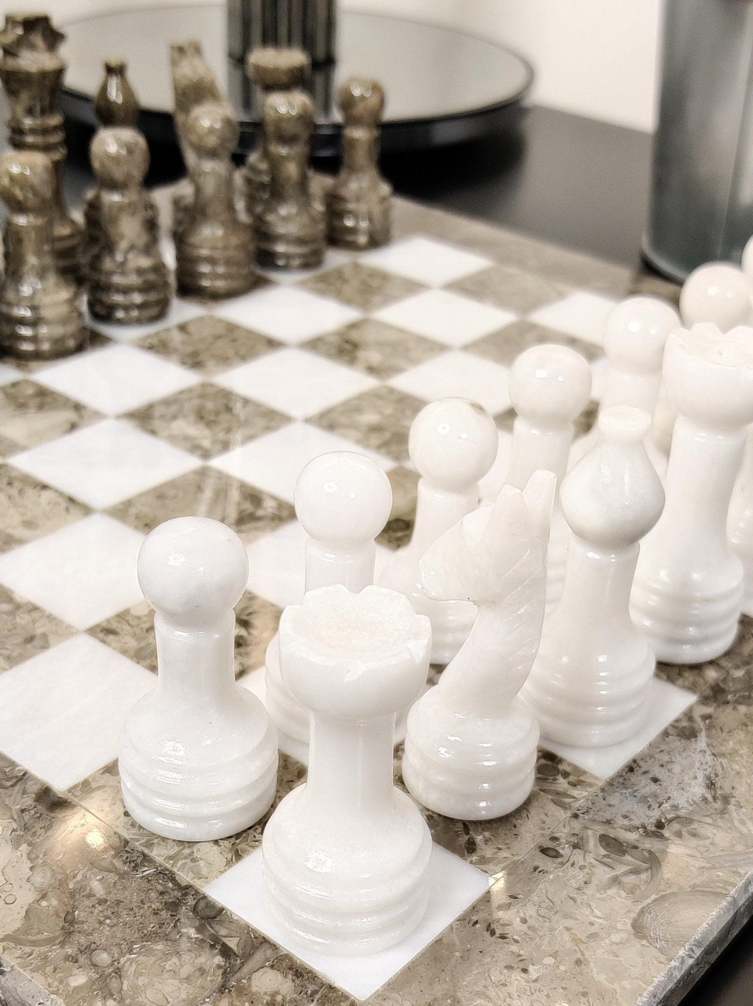 Handmade Marble Chess Set: Grey & White Natural Stone with Black Velvet Case - GOFIRE OUTLET