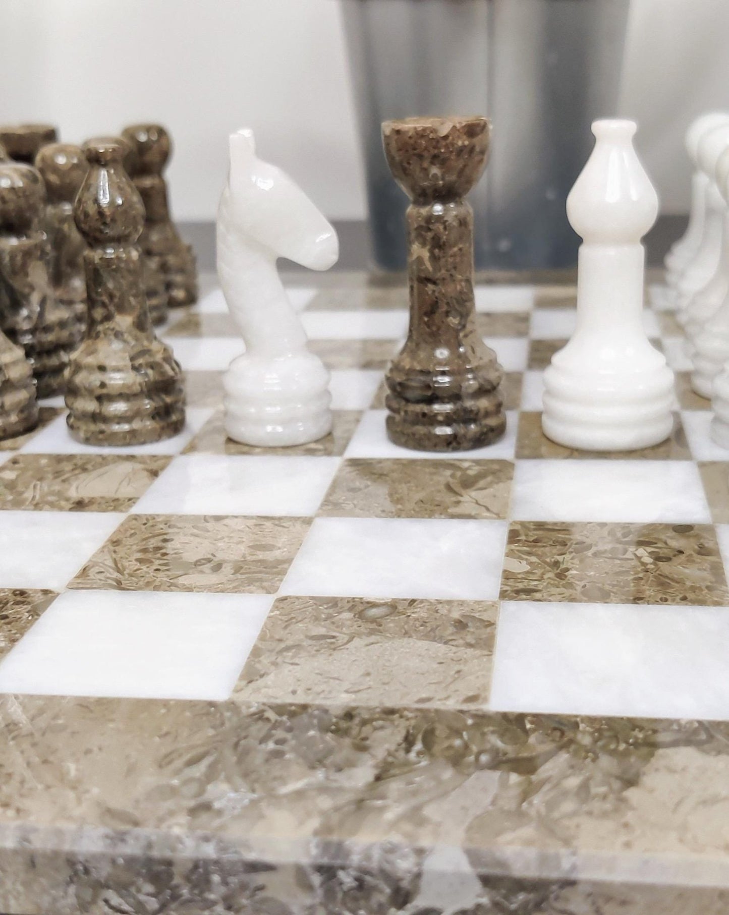 Handmade Marble Chess Set: Grey & White Natural Stone with Black Velvet Case - GOFIRE OUTLET