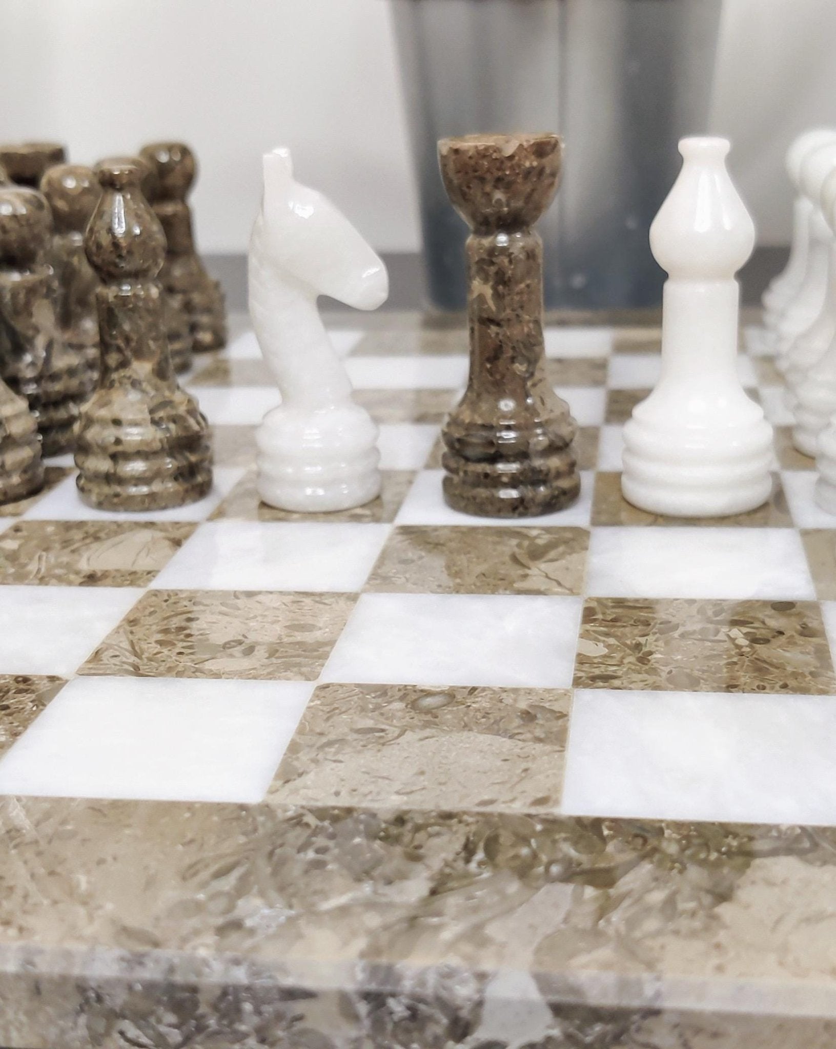 Handmade Marble Chess Set: Grey & White Natural Stone with Black Velvet Case - GOFIRE OUTLET