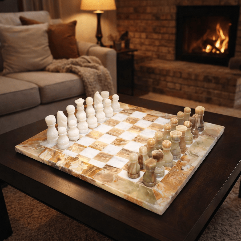 Handmade Marble Chess Set: Onyx & White 12x12 inch Stone Board, Velvet Case - GOFIRE OUTLET