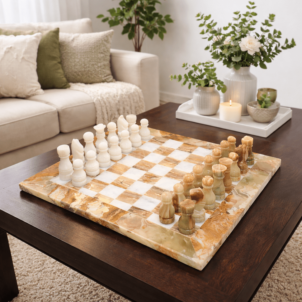 Handmade Marble Chess Set: Onyx & White 12x12 inch Stone Board, Velvet Case - GOFIRE OUTLET