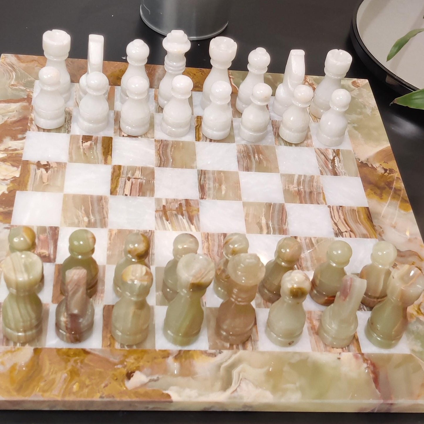 Handmade Marble Chess Set: Onyx & White 12x12 inch Stone Board, Velvet Case - GOFIRE OUTLET