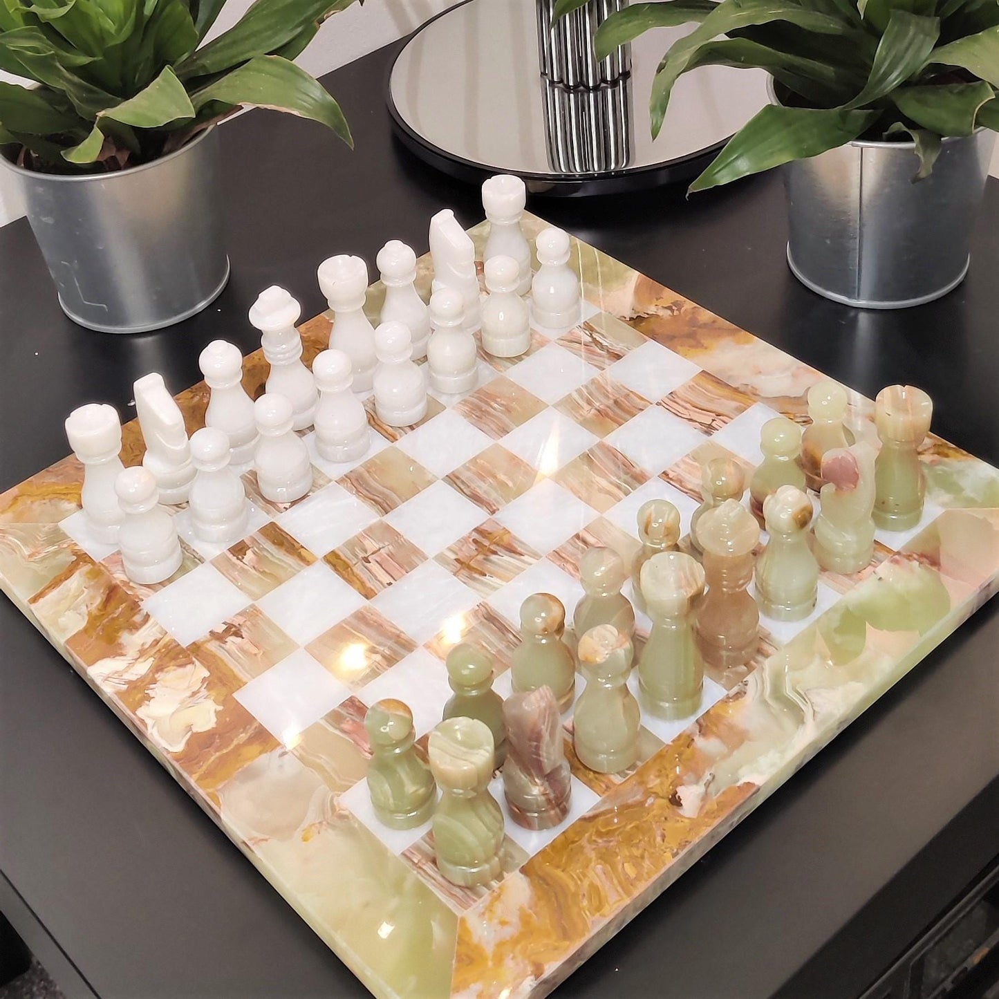 Handmade Marble Chess Set: Onyx & White 12x12 inch Stone Board, Velvet Case - GOFIRE OUTLET