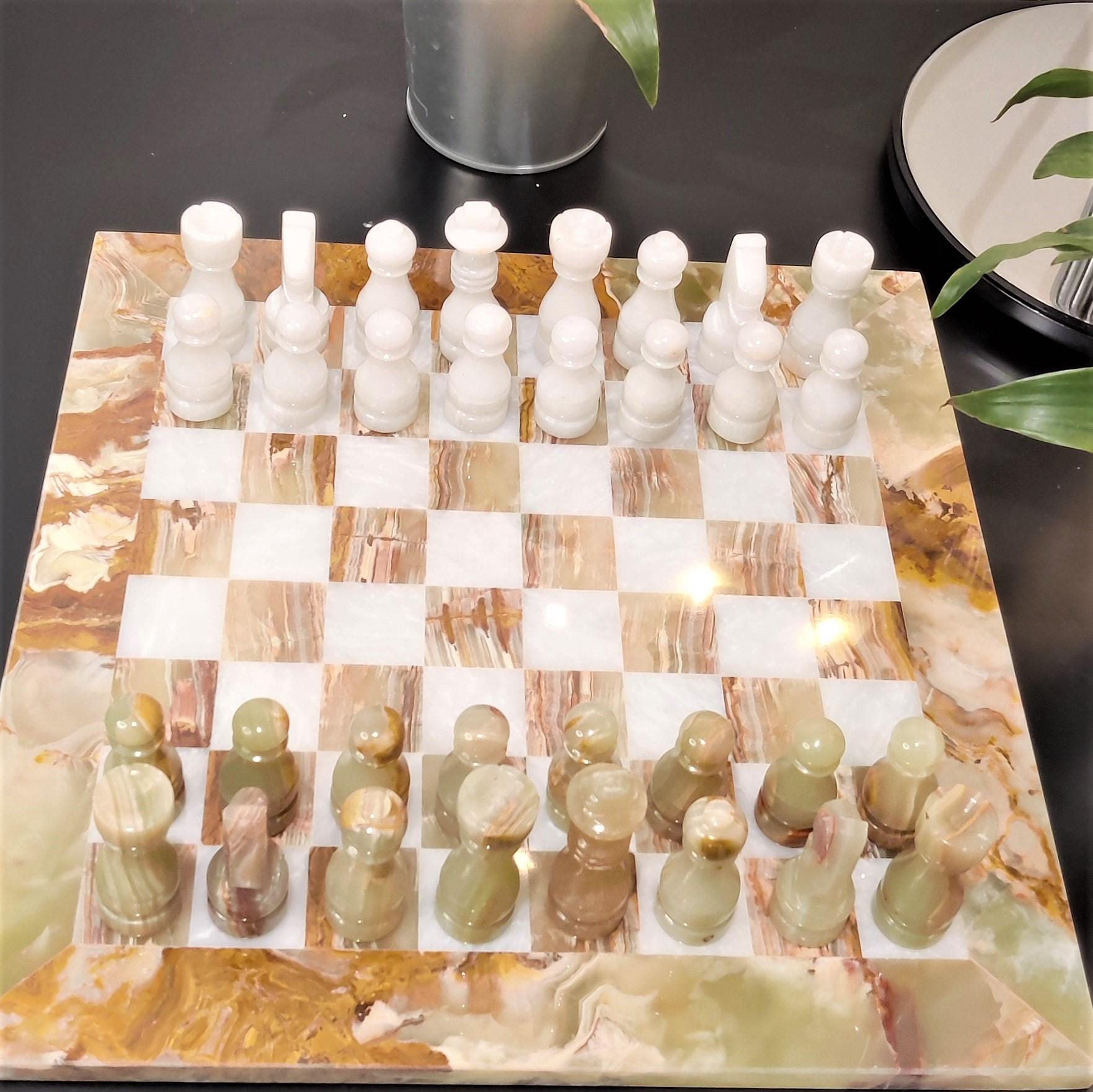 Handmade Marble Chess Set: Onyx & White 12x12 inch Stone Board, Velvet Case - GOFIRE OUTLET