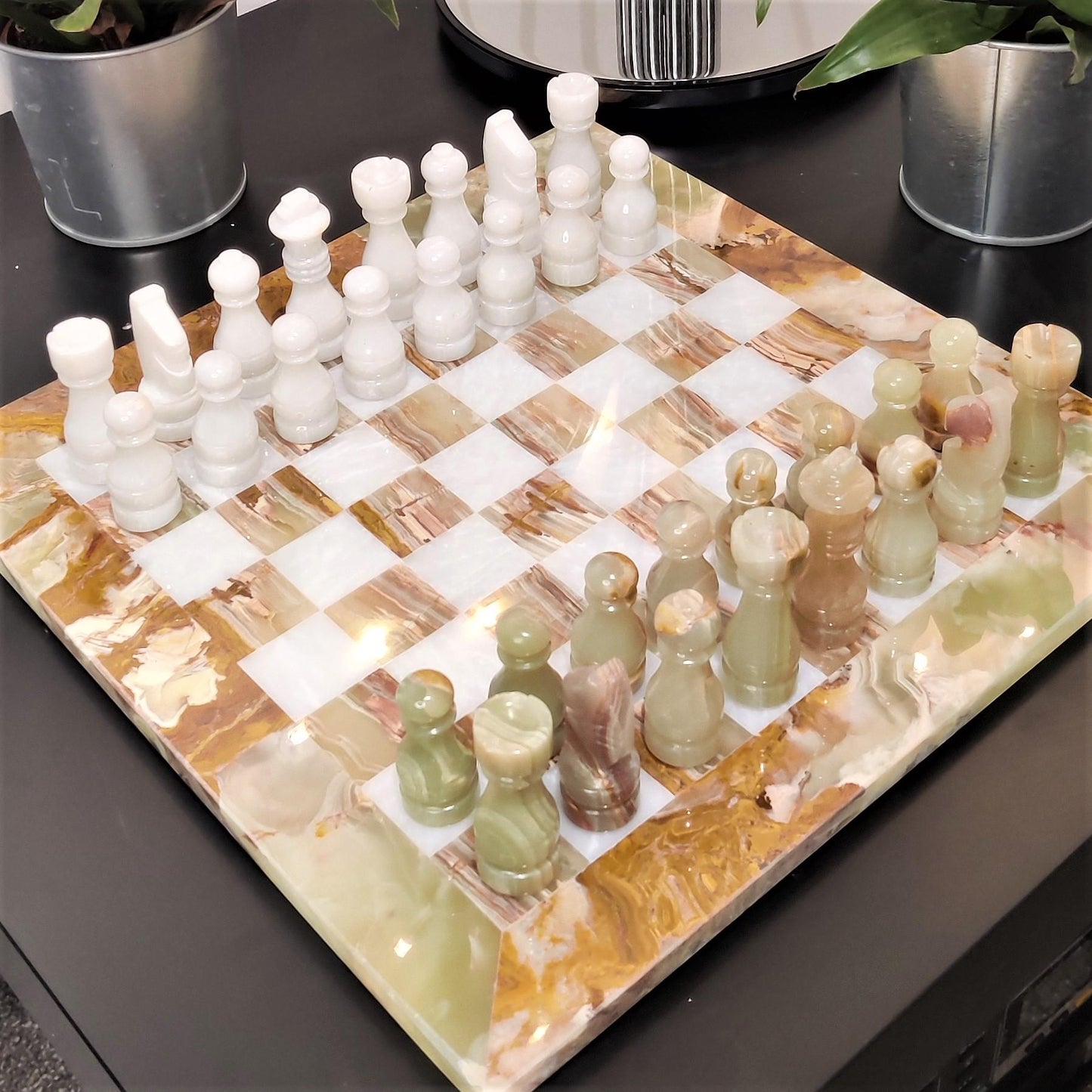 Handmade Marble Chess Set: Onyx & White 12x12 inch Stone Board, Velvet Case - GOFIRE OUTLET