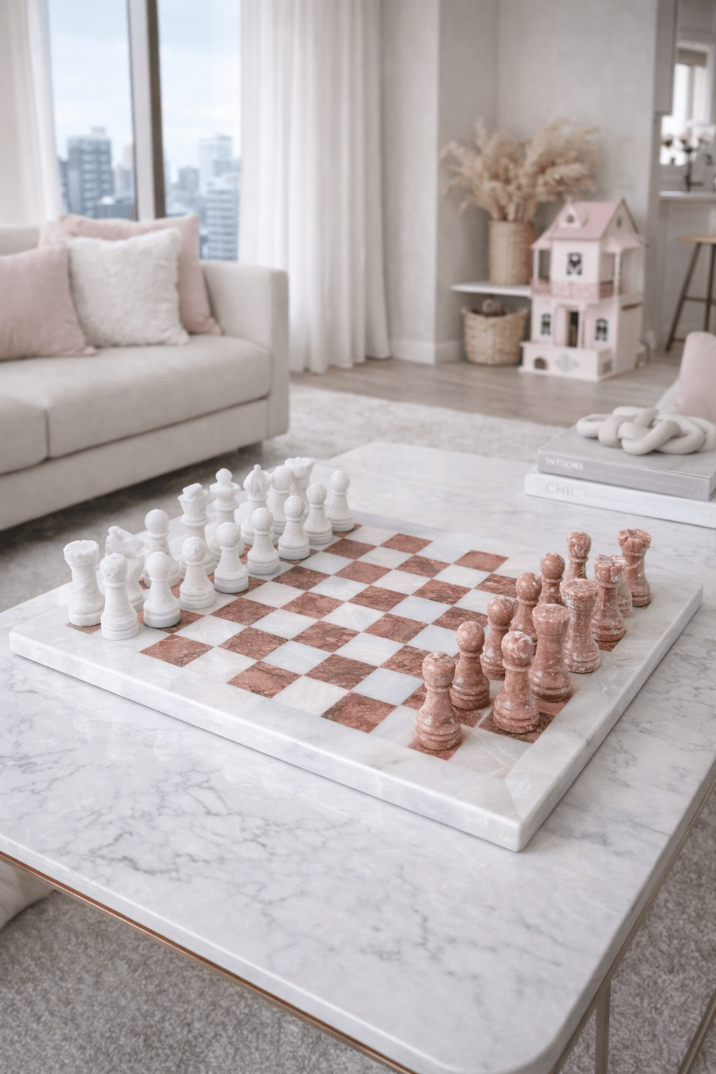 Handmade Marble Chess Set: Pink & White Stone 12x12 inches with Velvet Case - GOFIRE OUTLET