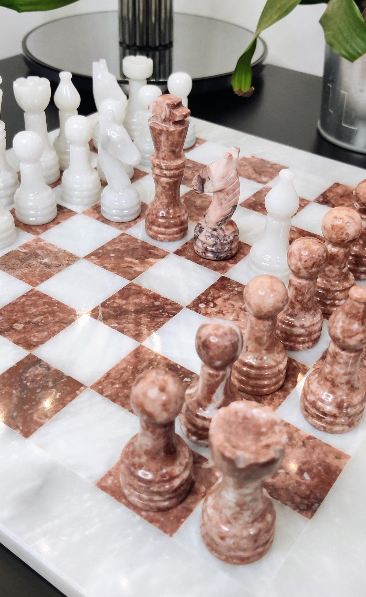 Handmade Marble Chess Set: Pink & White Stone 12x12 inches with Velvet Case - GOFIRE OUTLET