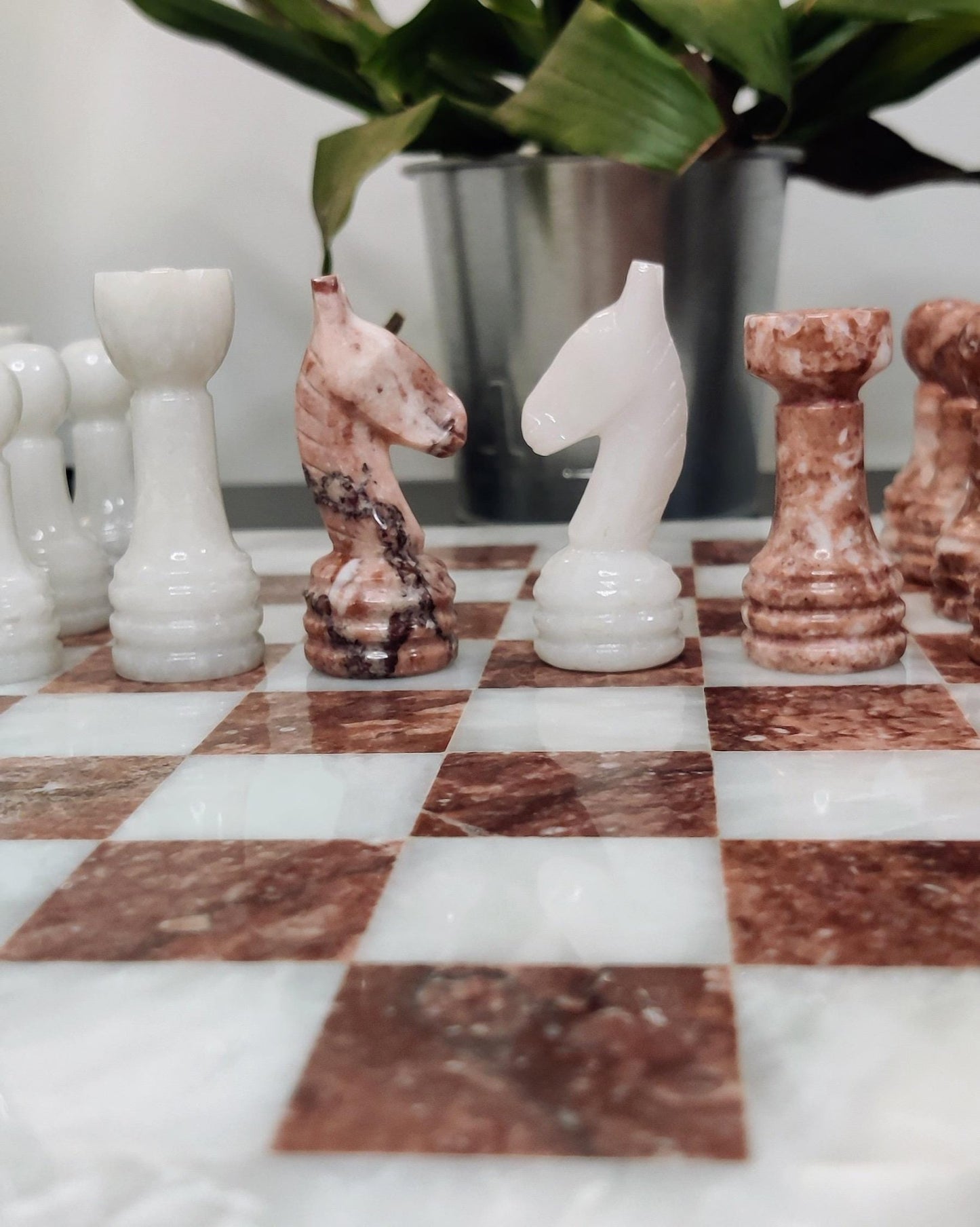Handmade Marble Chess Set: Pink & White Stone 12x12 inches with Velvet Case - GOFIRE OUTLET