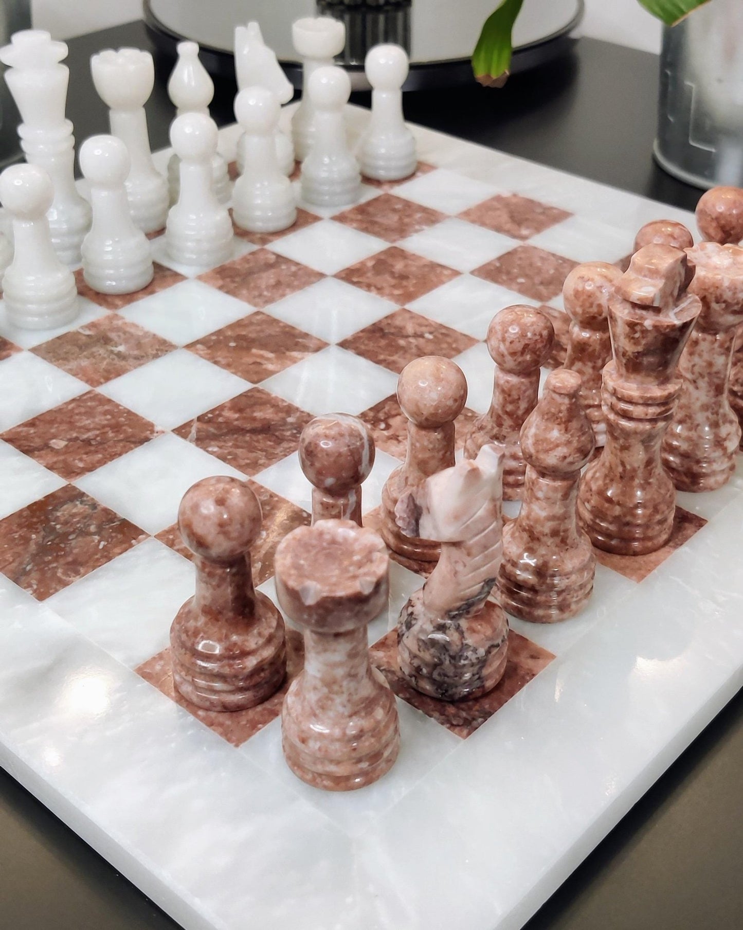 Handmade Marble Chess Set: Pink & White Stone 12x12 inches with Velvet Case - GOFIRE OUTLET