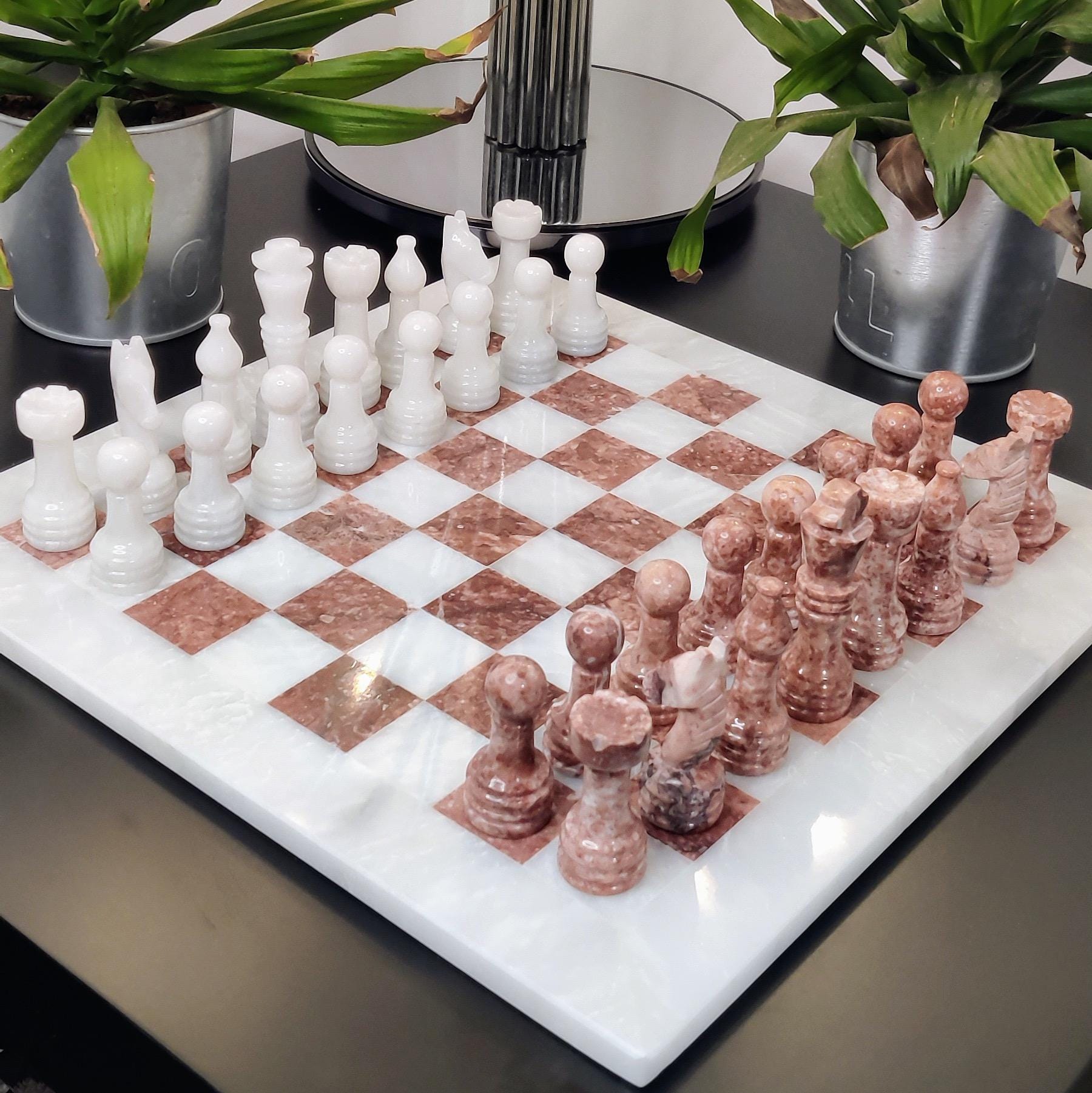 Handmade Marble Chess Set: Pink & White Stone 12x12 inches with Velvet Case - GOFIRE OUTLET
