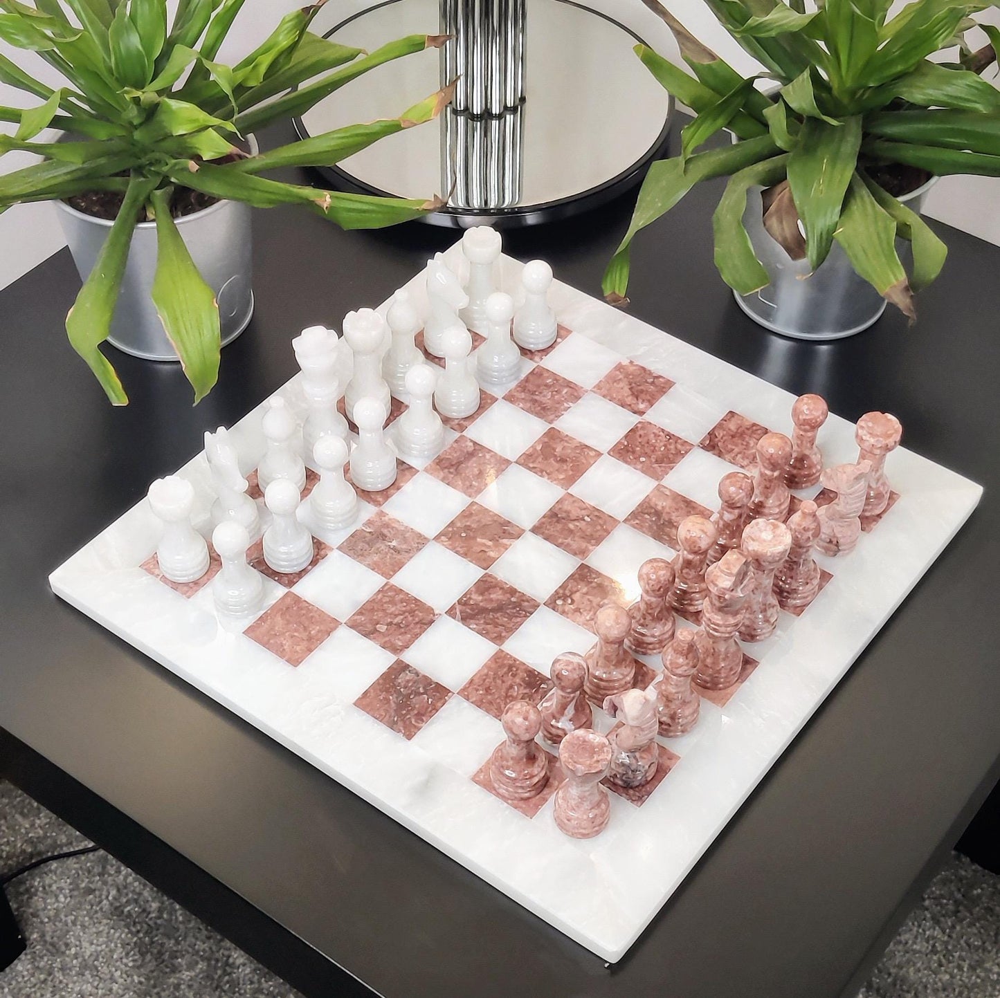 Handmade Marble Chess Set: Pink & White Stone 12x12 inches with Velvet Case - GOFIRE OUTLET