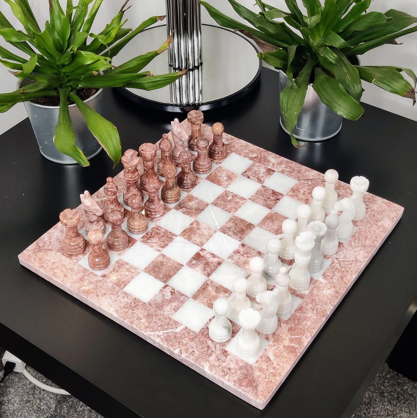 Handmade Marble Chess Set: Pink & White Stone Board in 12x12 inches, Velvet Case - GOFIRE OUTLET