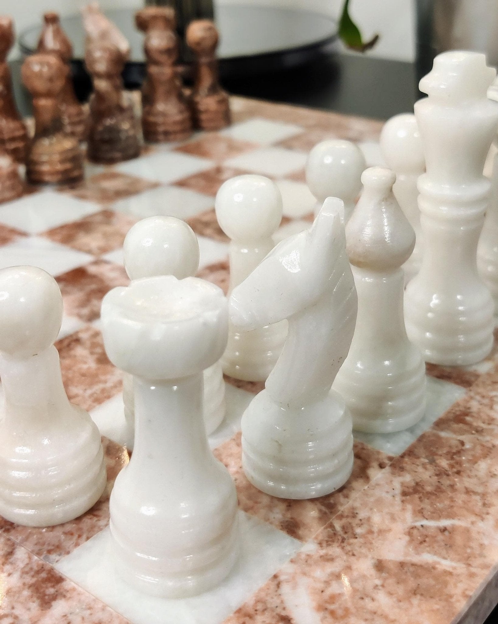 Handmade Marble Chess Set: Pink & White Stone Board in 12x12 inches, Velvet Case - GOFIRE OUTLET