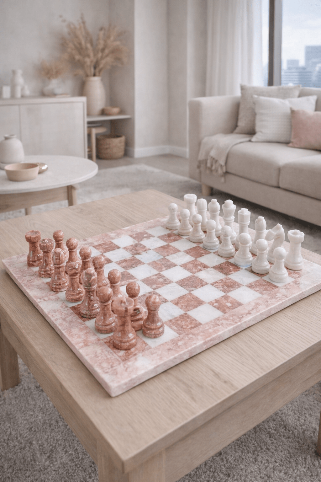 Handmade Marble Chess Set: Pink & White Stone Board in 12x12 inches, Velvet Case - GOFIRE OUTLET