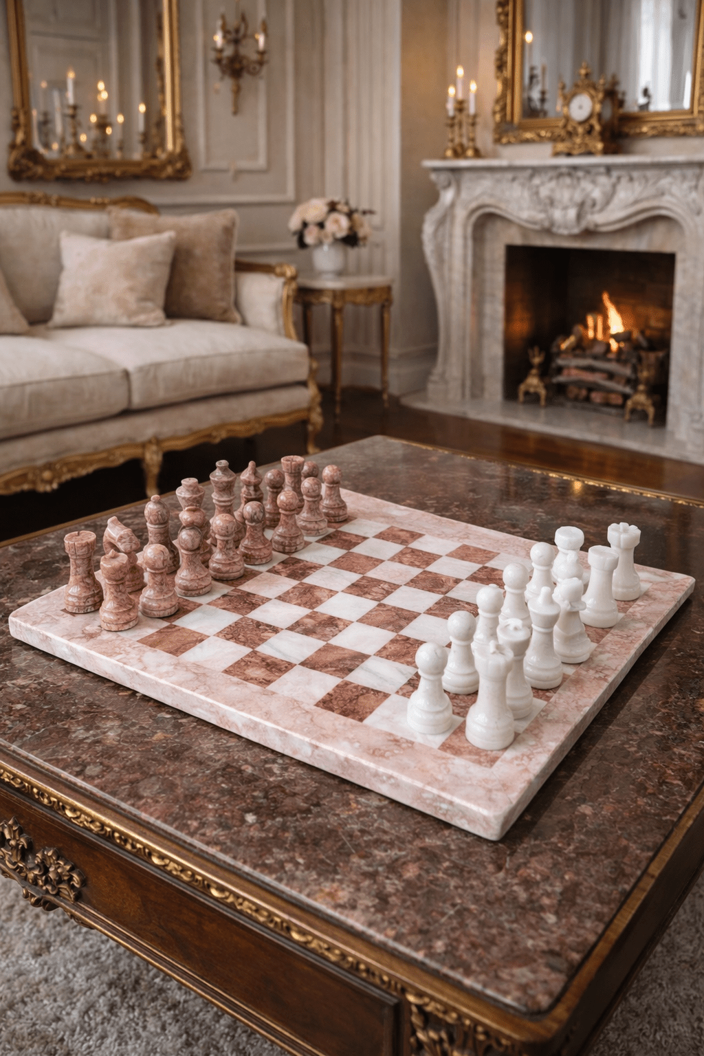 Handmade Marble Chess Set: Pink & White Stone Board in 12x12 inches, Velvet Case - GOFIRE OUTLET