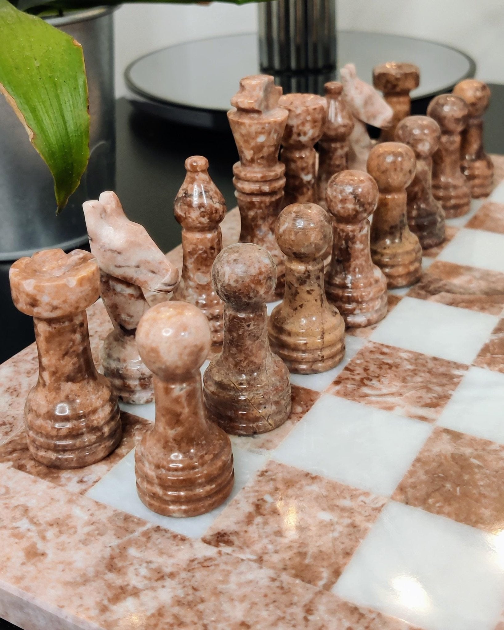 Handmade Marble Chess Set: Pink & White Stone Board in 12x12 inches, Velvet Case - GOFIRE OUTLET