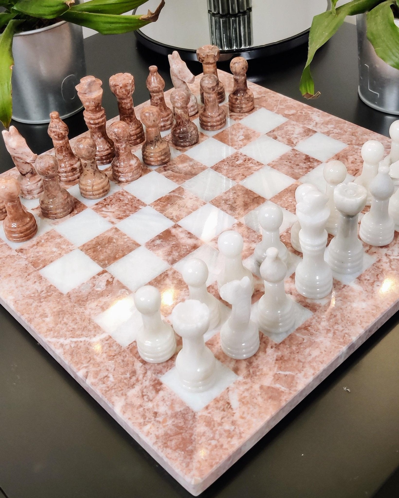 Handmade Marble Chess Set: Pink & White Stone Board in 12x12 inches, Velvet Case - GOFIRE OUTLET