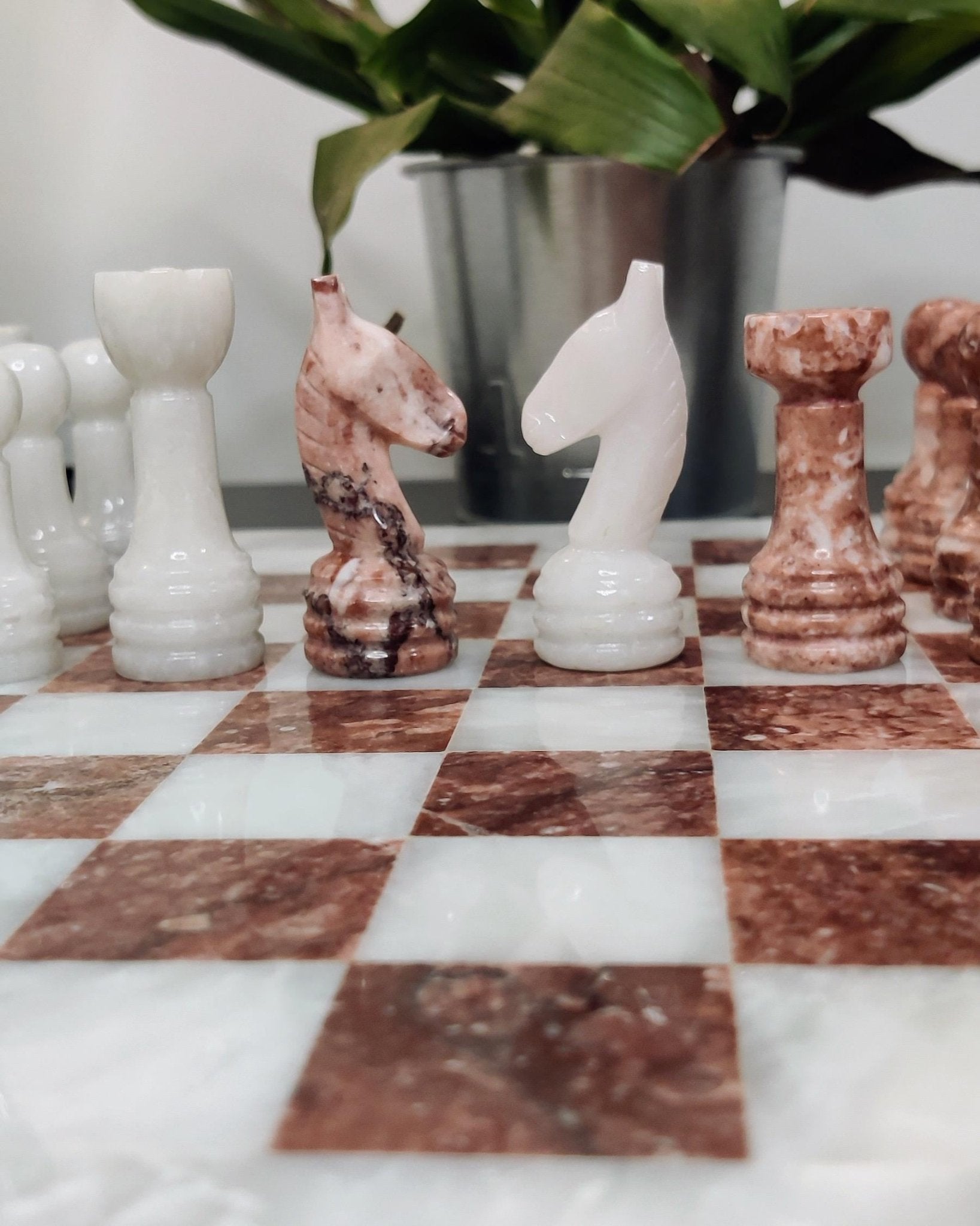 Handmade Marble Chess Set: Pink & White Stone Board in 12x12 inches, Velvet Case - GOFIRE OUTLET