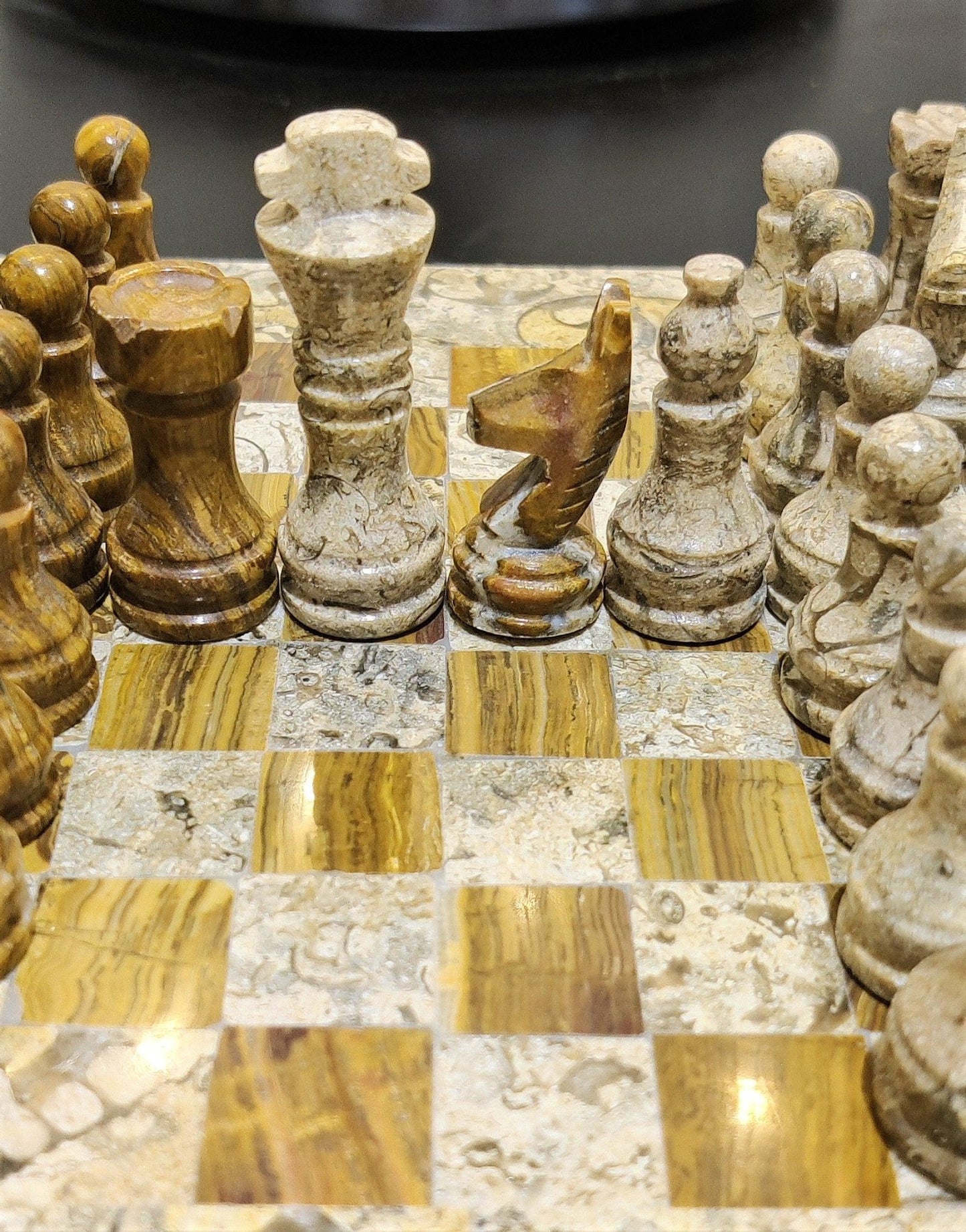 Handmade Marble Chess Set: Vintage Beige and Brown Natural Stone (8x8 inch) with Case - GOFIRE OUTLET
