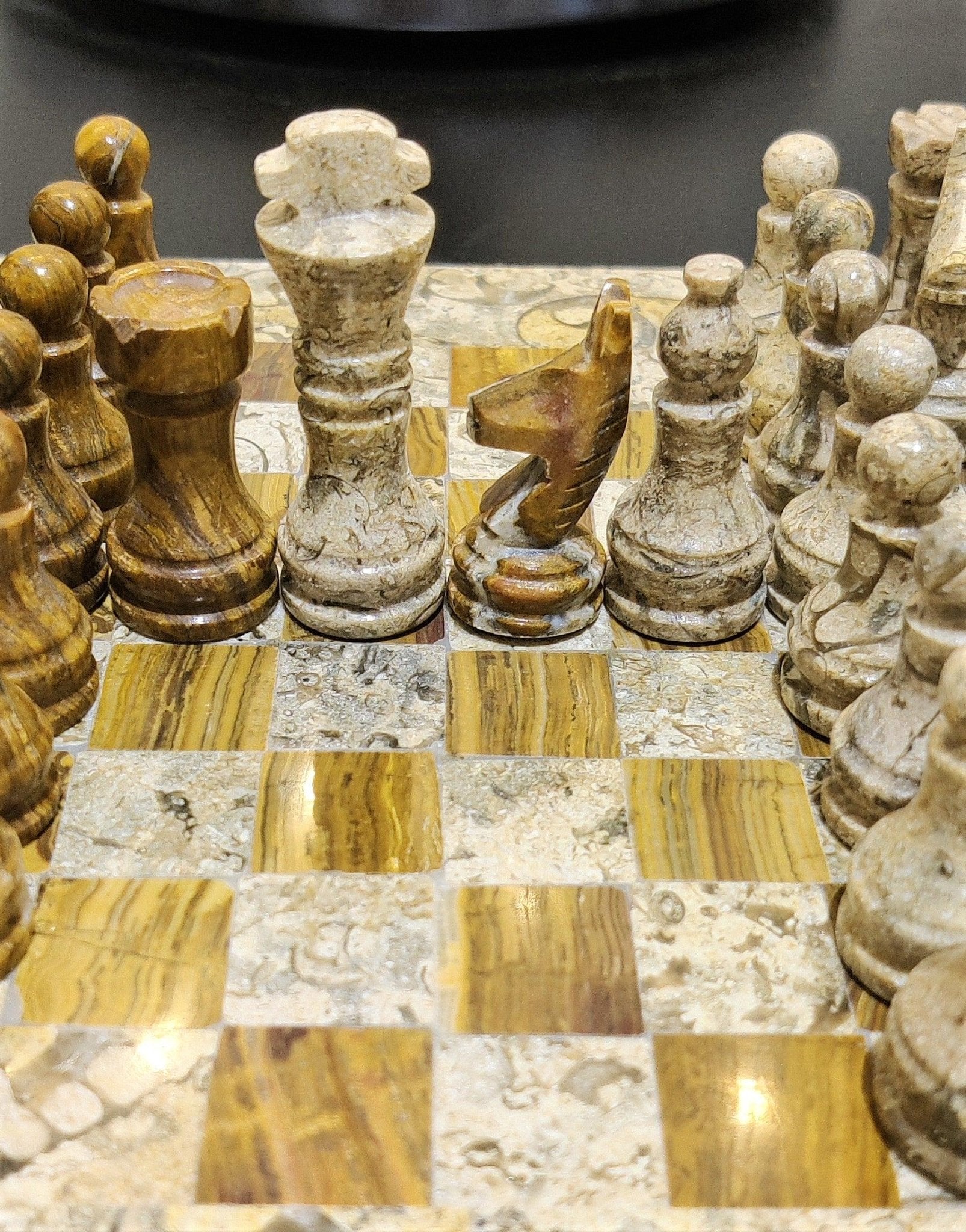 Handmade Marble Chess Set: Vintage Beige and Brown Natural Stone (8x8 inch) with Case - GOFIRE OUTLET