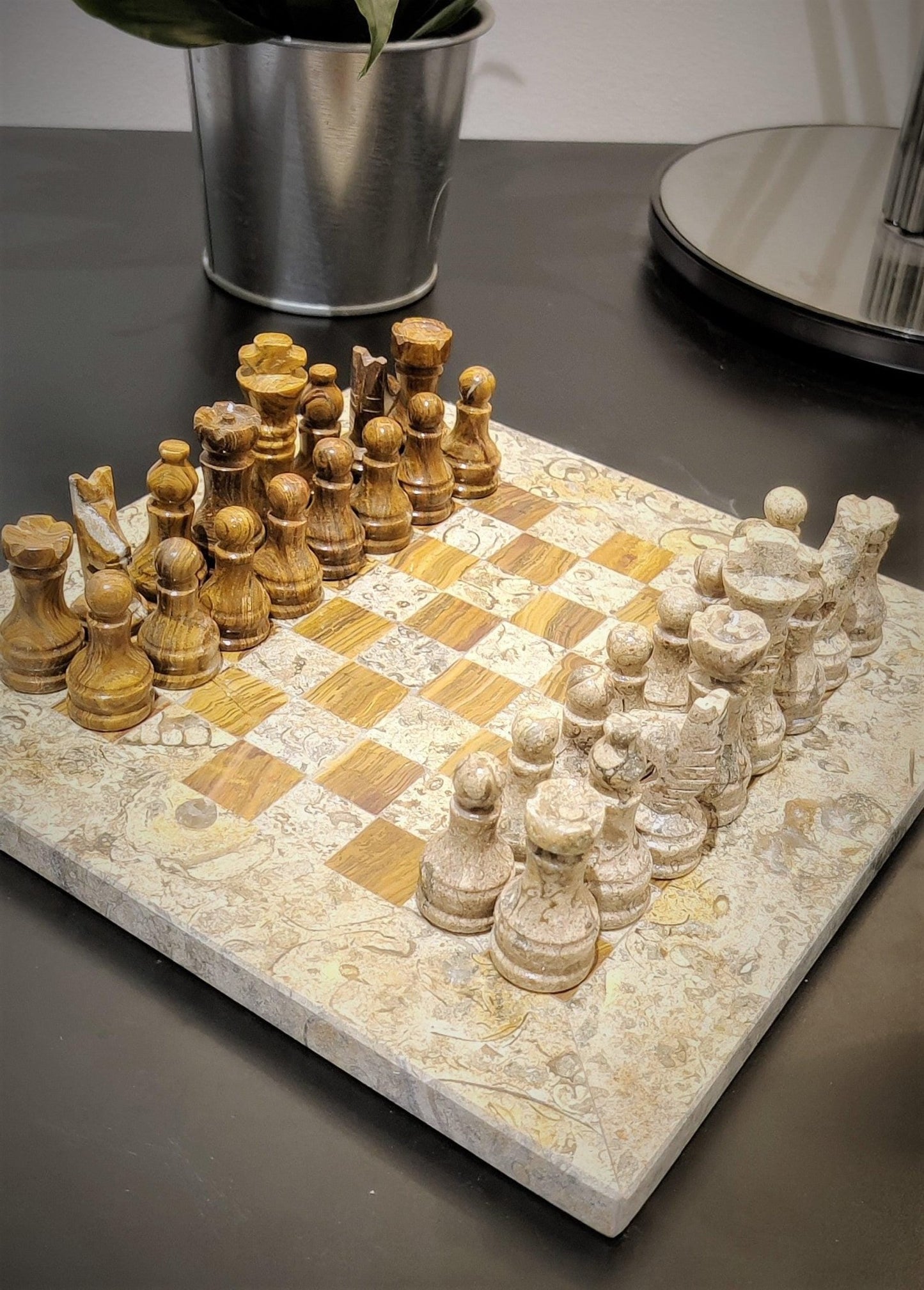 Handmade Marble Chess Set: Vintage Beige and Brown Natural Stone (8x8 inch) with Case - GOFIRE OUTLET