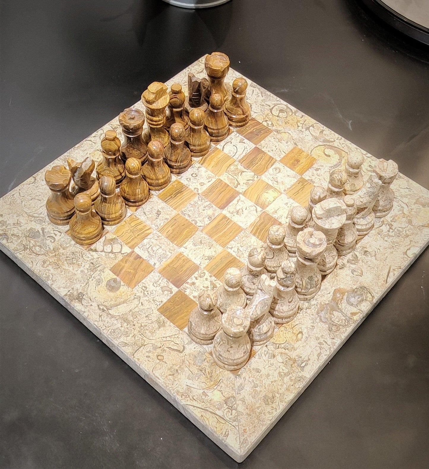 Handmade Marble Chess Set: Vintage Beige and Brown Natural Stone (8x8 inch) with Case - GOFIRE OUTLET