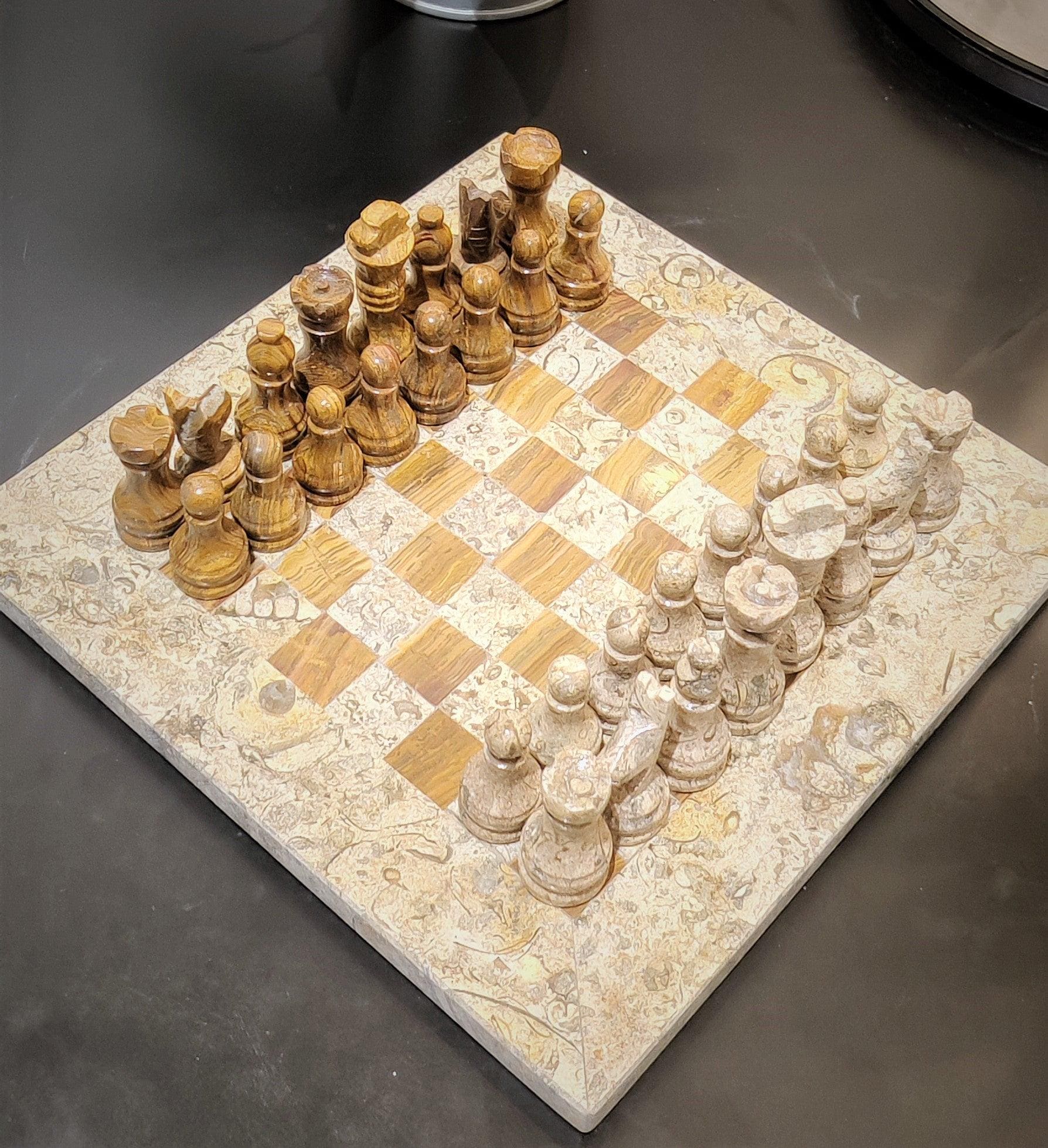 Handmade Marble Chess Set: Vintage Beige and Brown Natural Stone (8x8 inch) with Case - GOFIRE OUTLET