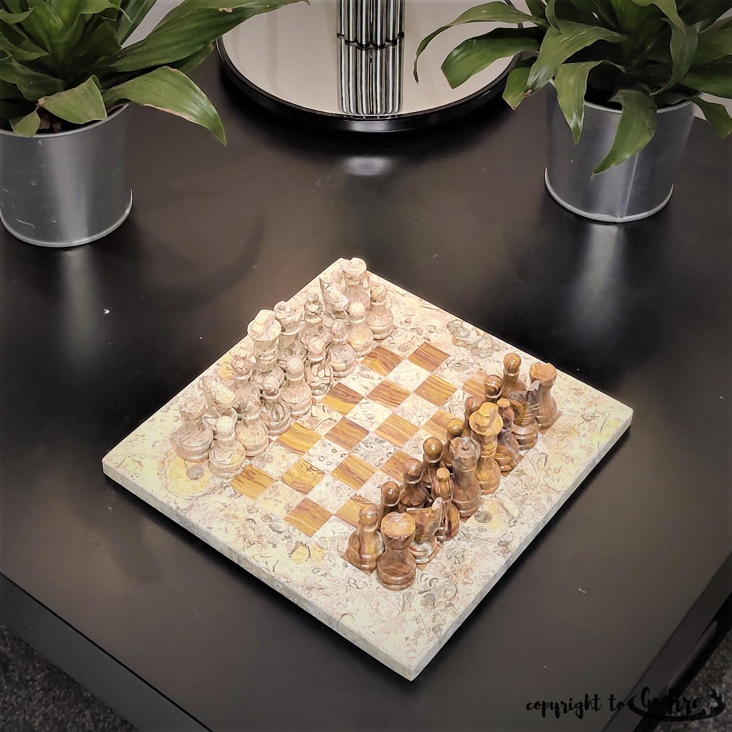 Handmade Marble Chess Set: Vintage Beige and Brown Natural Stone (8x8 inch) with Case - GOFIRE OUTLET