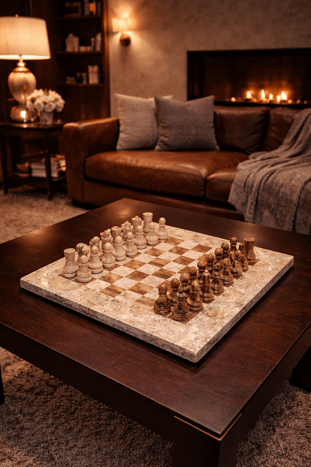 Handmade Marble Chess Set: Vintage Beige and Brown Natural Stone (8x8 inch) with Case - GOFIRE OUTLET
