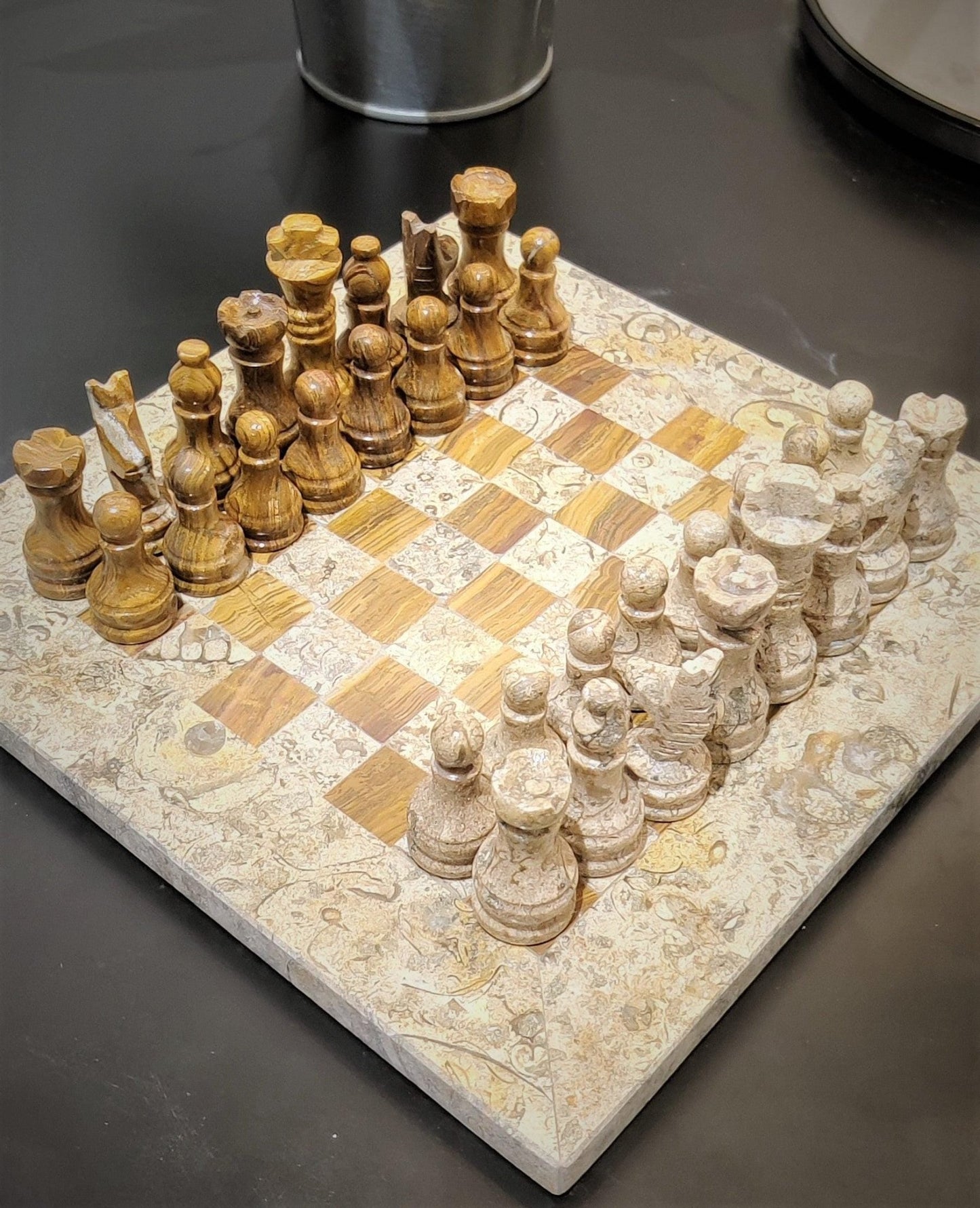 Handmade Marble Chess Set: Vintage Beige and Brown Natural Stone (8x8 inch) with Case - GOFIRE OUTLET
