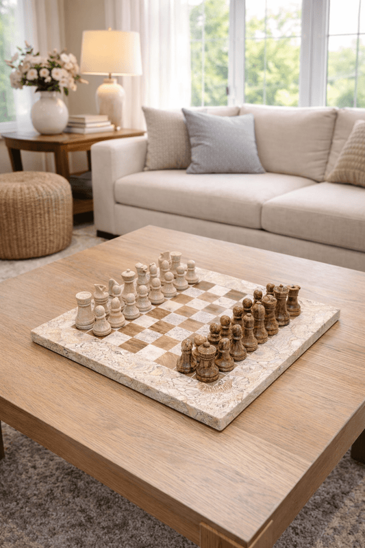 Handmade Marble Chess Set: Vintage Beige and Brown Natural Stone (8x8 inch) with Case - GOFIRE OUTLET
