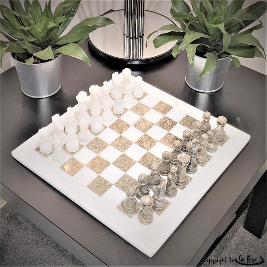 Handmade Marble Chess Set: White & Grey Natural Stone 12x12 inches with Black Velvet Case - GOFIRE OUTLET