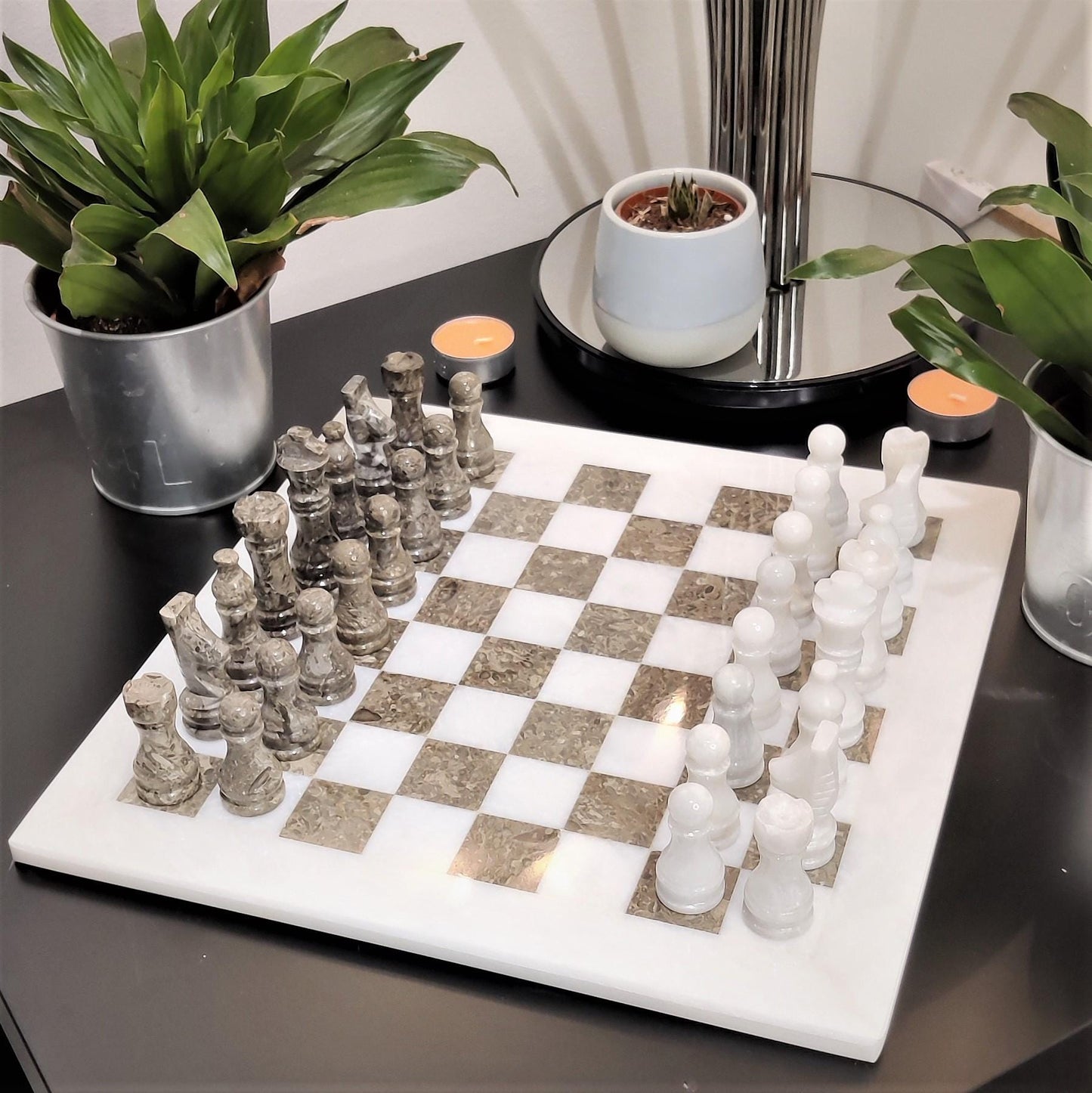 Handmade Marble Chess Set: White & Grey Natural Stone 12x12 inches with Black Velvet Case - GOFIRE OUTLET