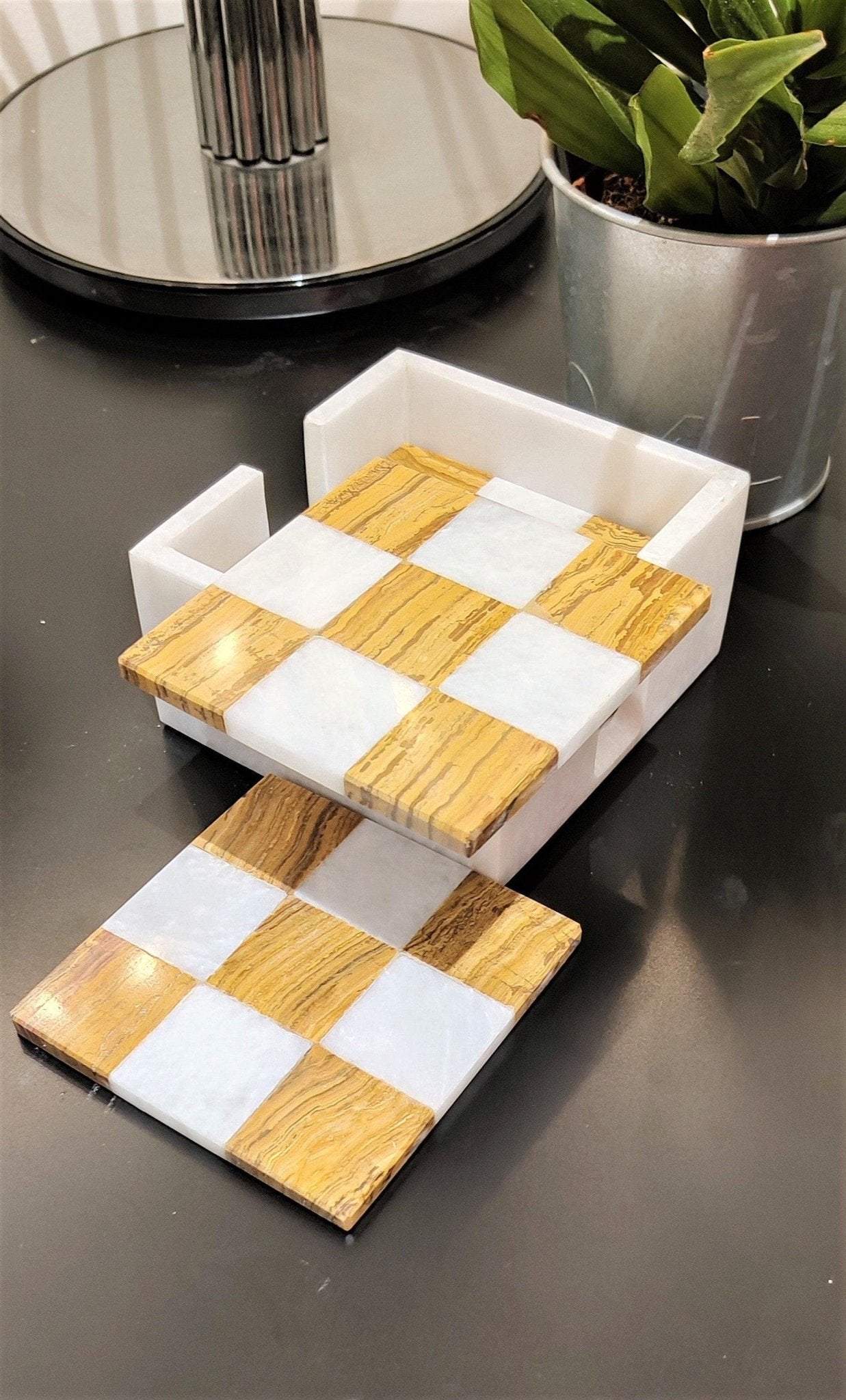Handmade Marble Coasters: Check Design, Home Decor, Set of 6 - GOFIRE OUTLET