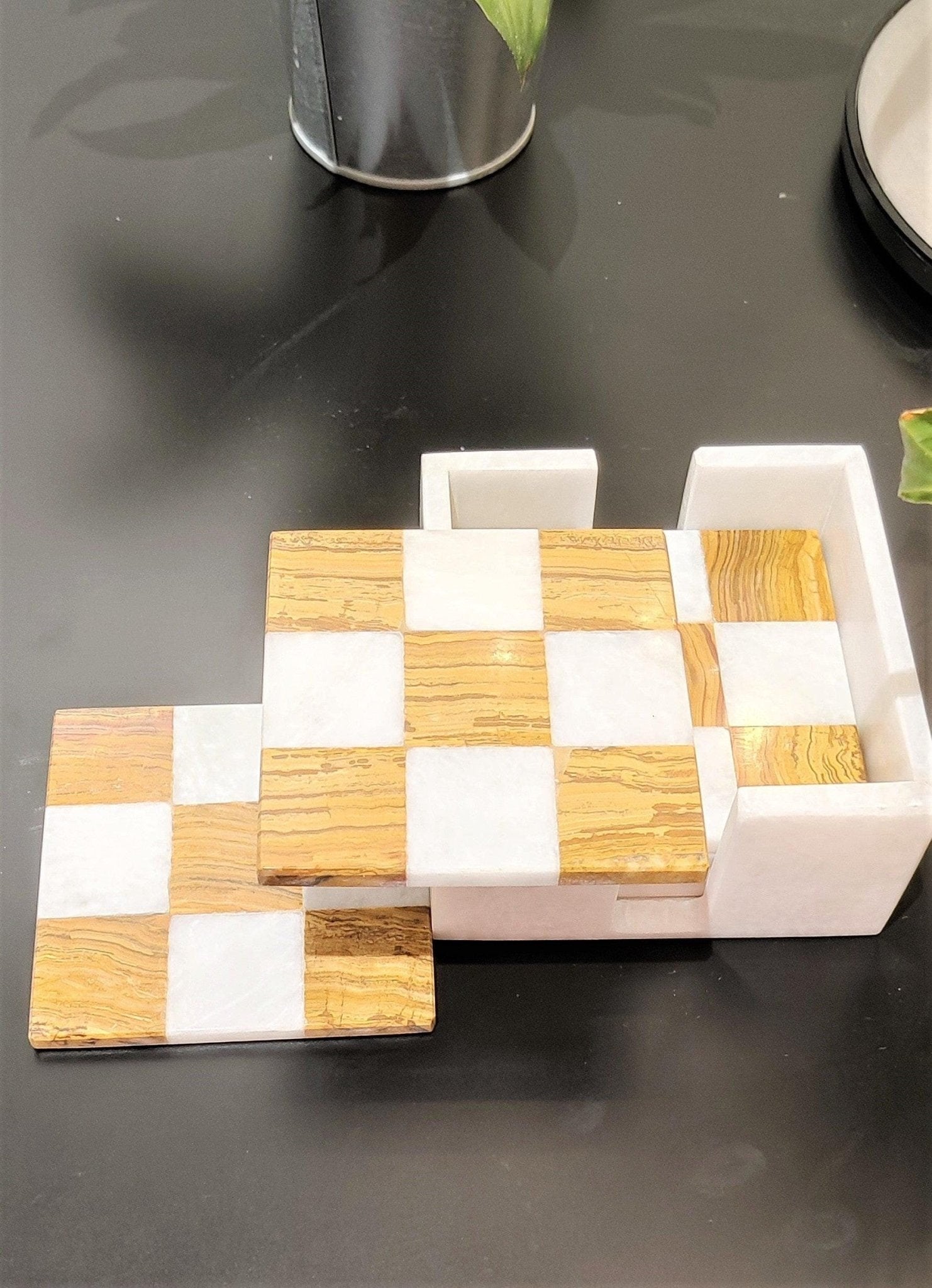 Handmade Marble Coasters: Check Design, Home Decor, Set of 6 - GOFIRE OUTLET