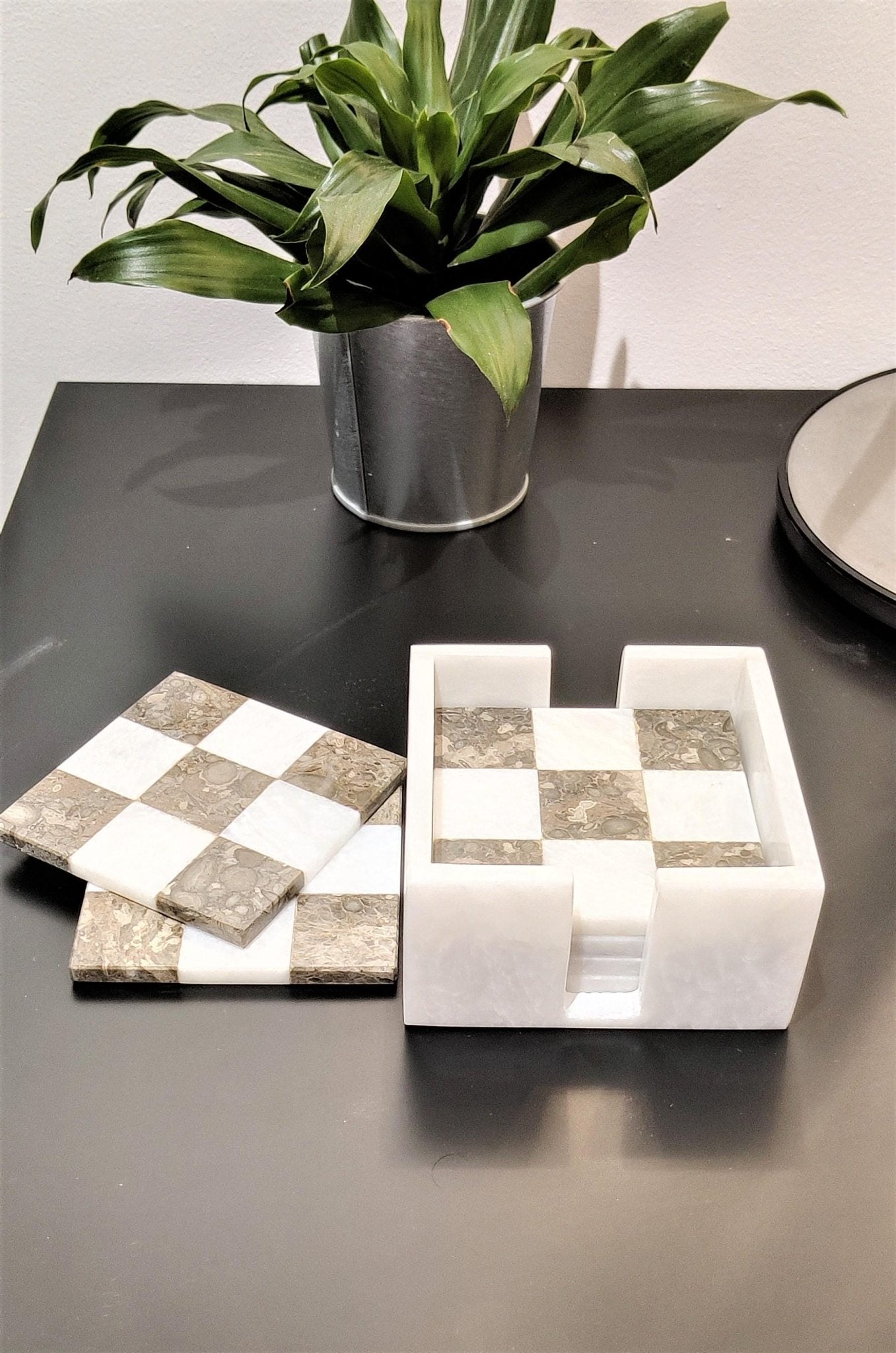 Handmade Marble Coasters: Check Design, Set of 6 in White & Grey Natural Marble - GOFIRE OUTLET