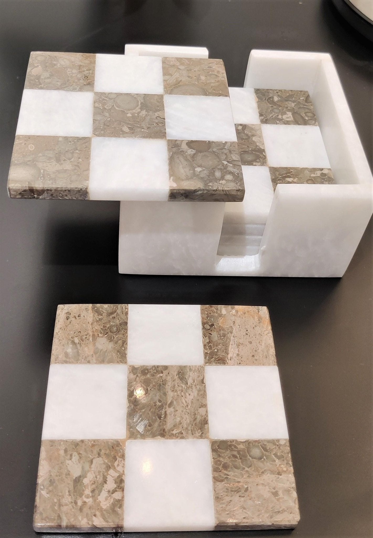 Handmade Marble Coasters: Check Design, Set of 6 in White & Grey Natural Marble - GOFIRE OUTLET