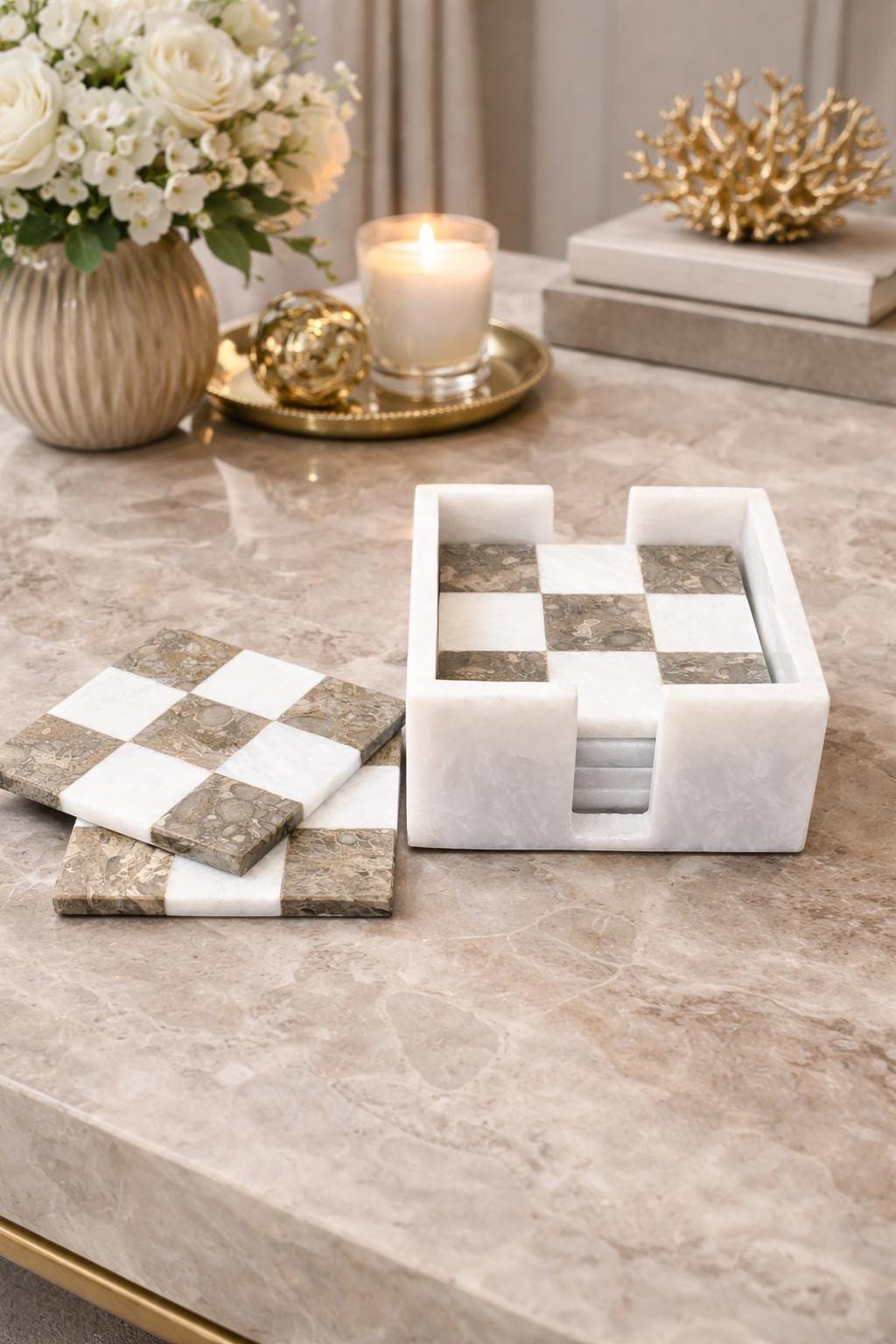 Handmade Marble Coasters: Check Design, Set of 6 in White & Grey Natural Marble - GOFIRE OUTLET