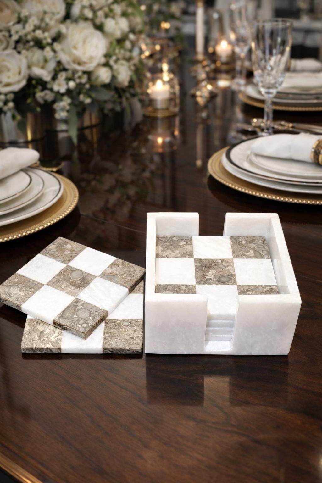 Handmade Marble Coasters: Check Design, Set of 6 in White & Grey Natural Marble - GOFIRE OUTLET