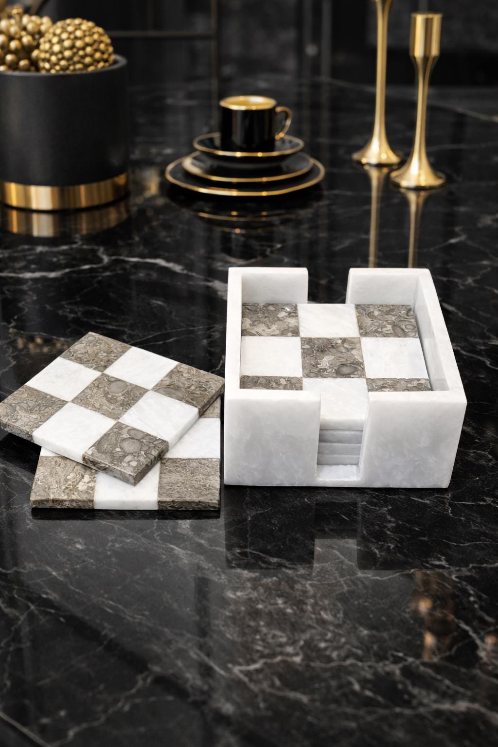 Handmade Marble Coasters: Check Design, Set of 6 in White & Grey Natural Marble - GOFIRE OUTLET
