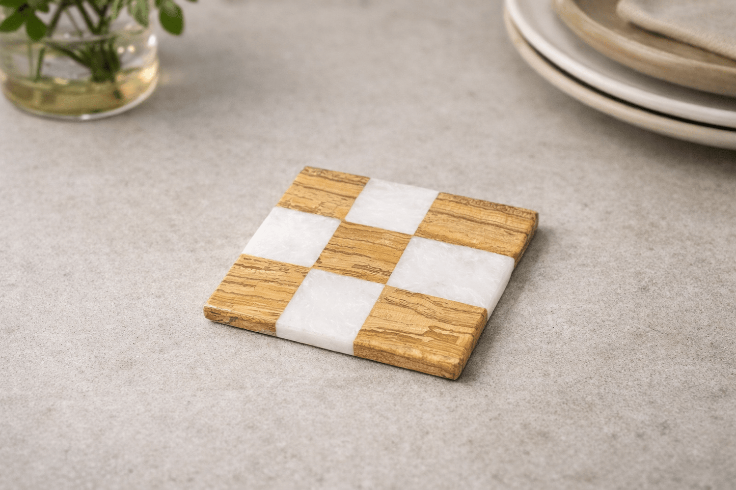 Handmade Marble Coasters: Check Design, Single Coaster in Onyx White & Brown White - GOFIRE OUTLET
