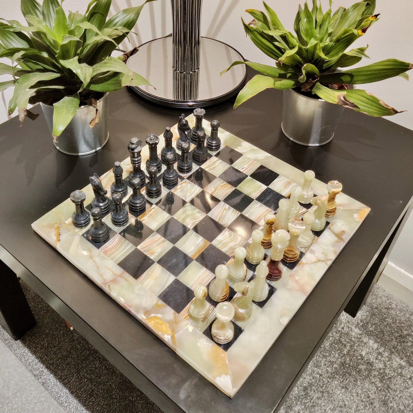 Handmade Onyx & Black Marble Chess Set: 12x12 inch Chess Board | Home Decor - GOFIRE OUTLET