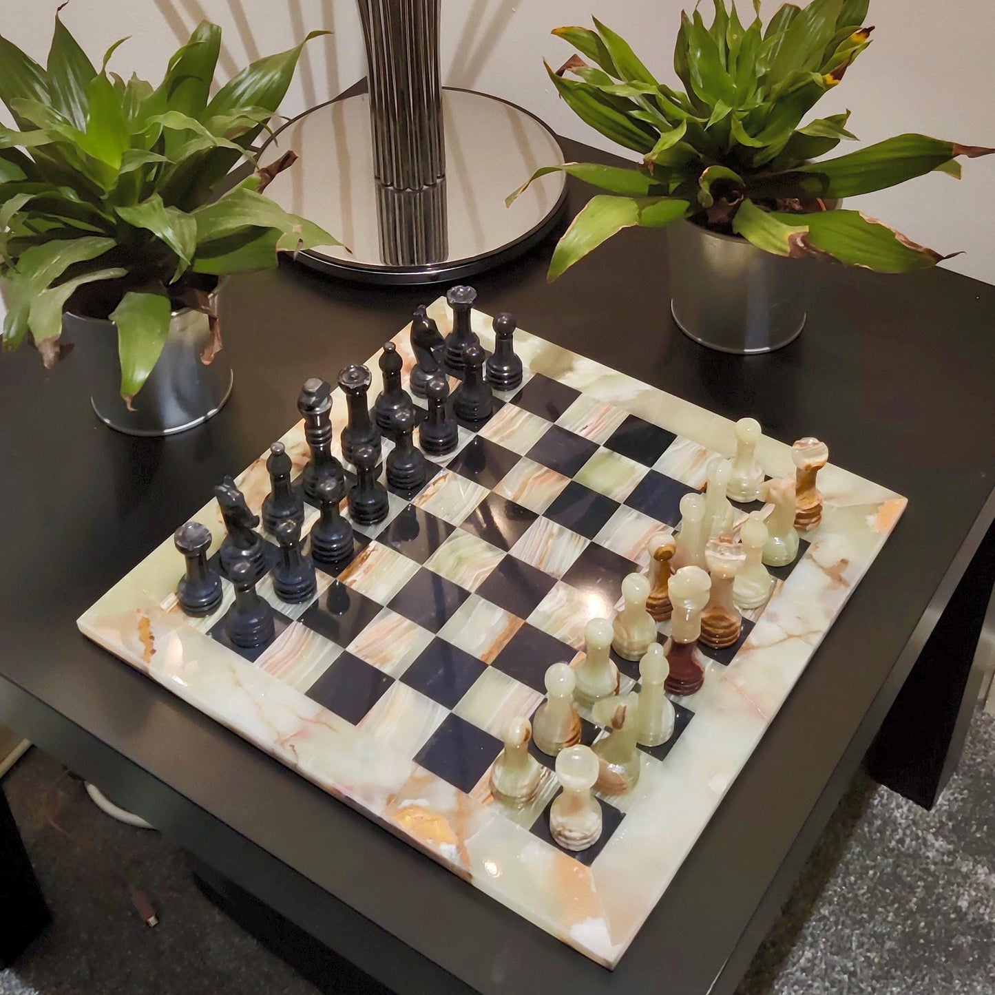 Handmade Onyx & Black Marble Chess Set: 12x12 inch Chess Board | Home Decor - GOFIRE OUTLET