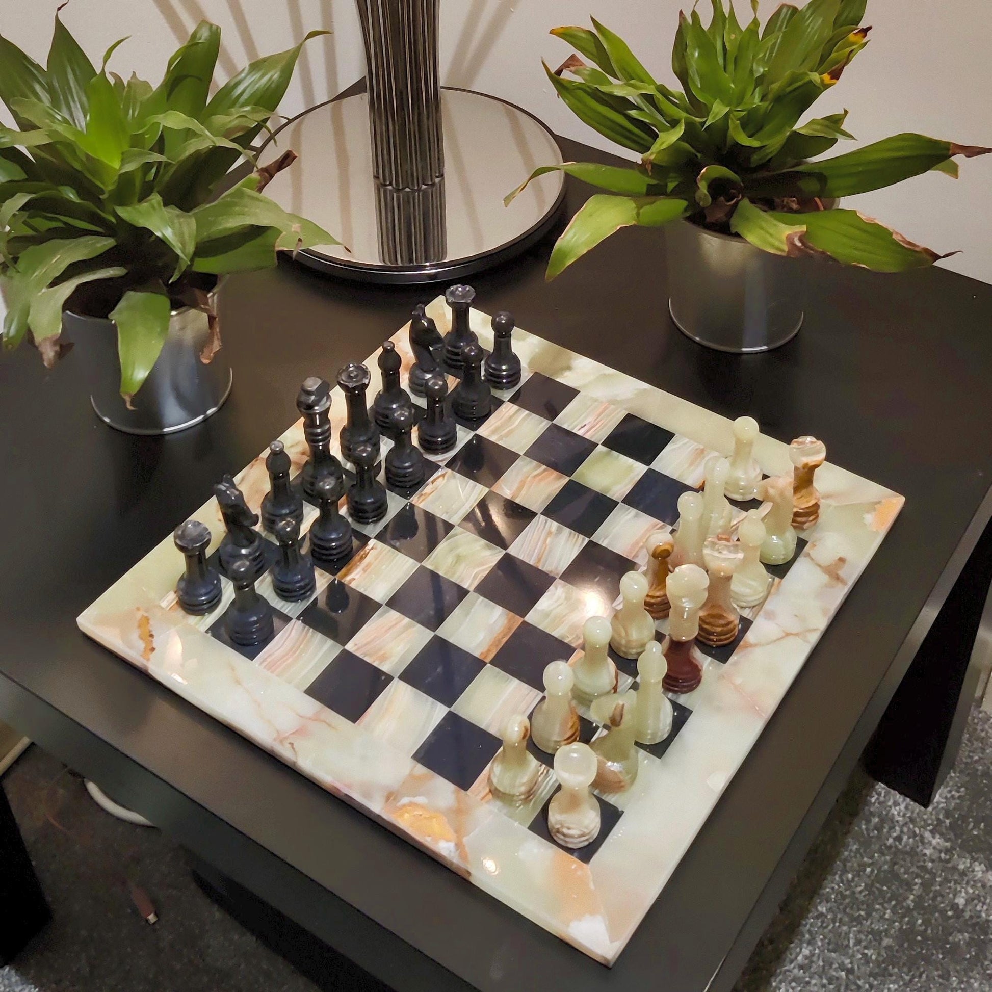 Handmade Onyx & Black Marble Chess Set: 12x12 inch Chess Board | Home Decor - GOFIRE OUTLET