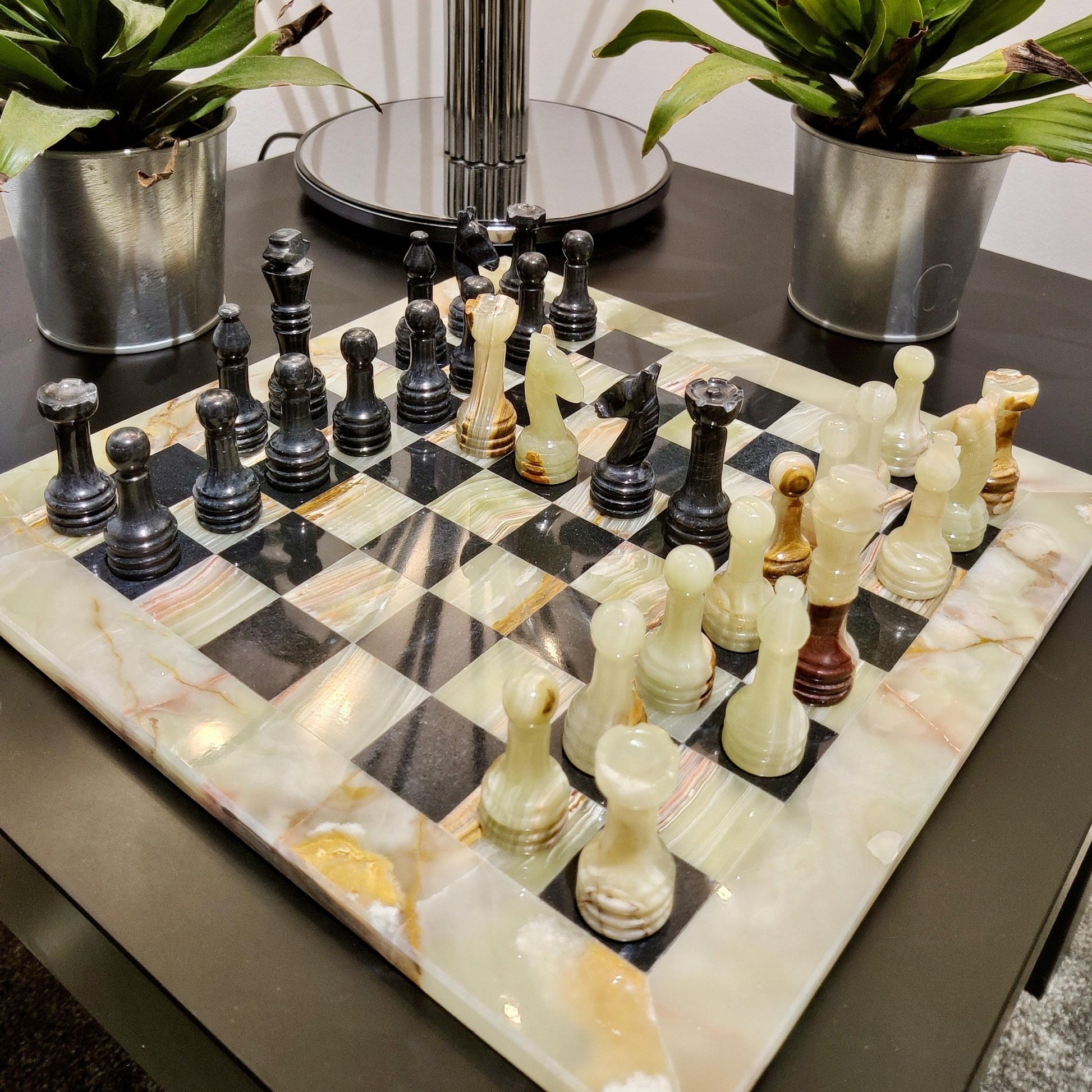 Handmade Onyx & Black Marble Chess Set: 12x12 inch Chess Board | Home Decor - GOFIRE OUTLET