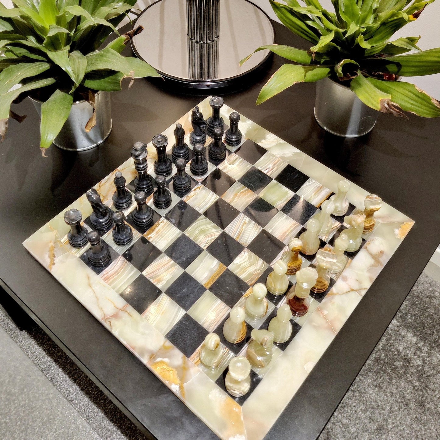 Handmade Onyx & Black Marble Chess Set: 12x12 inch Chess Board | Home Decor - GOFIRE OUTLET