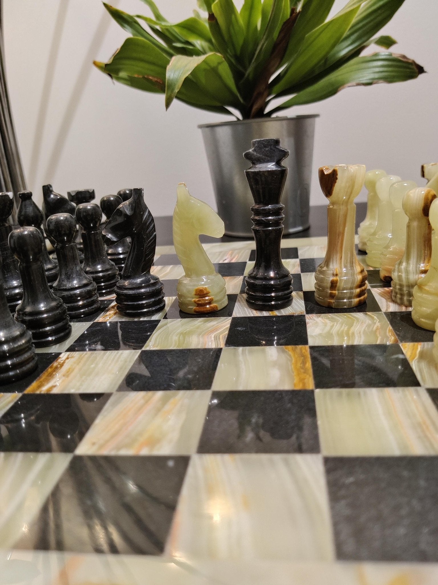 Handmade Onyx & Black Marble Chess Set: 12x12 inch Chess Board | Home Decor - GOFIRE OUTLET
