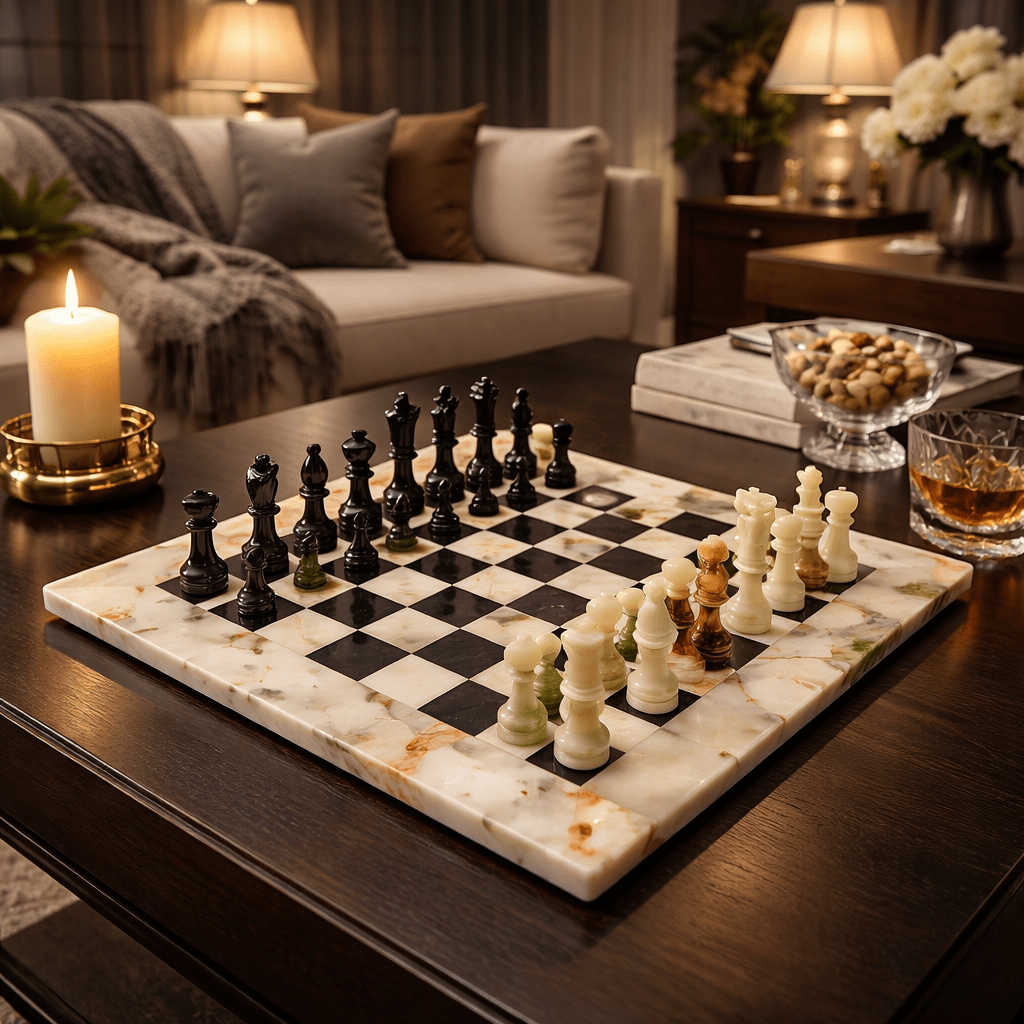 Handmade Onyx & Black Marble Chess Set: 12x12 inch Chess Board | Home Decor - GOFIRE OUTLET