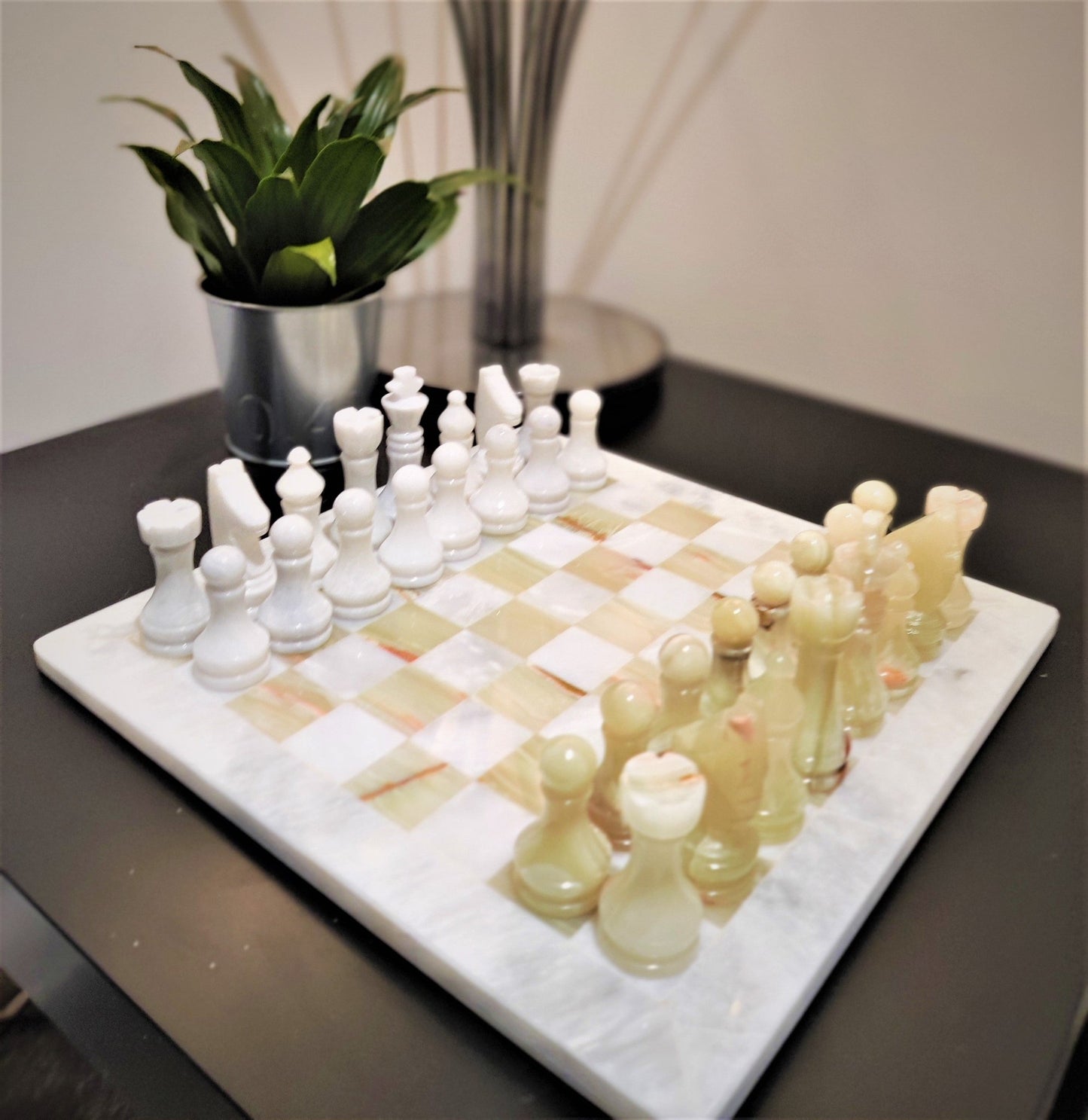 Handmade Onyx Marble Chess Set: White & Green Natural Stone 12x12 inch, with Velvet Case - GOFIRE OUTLET