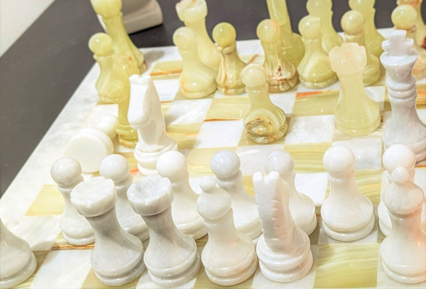 Handmade Onyx Marble Chess Set: White & Green Natural Stone 12x12 inch, with Velvet Case - GOFIRE OUTLET